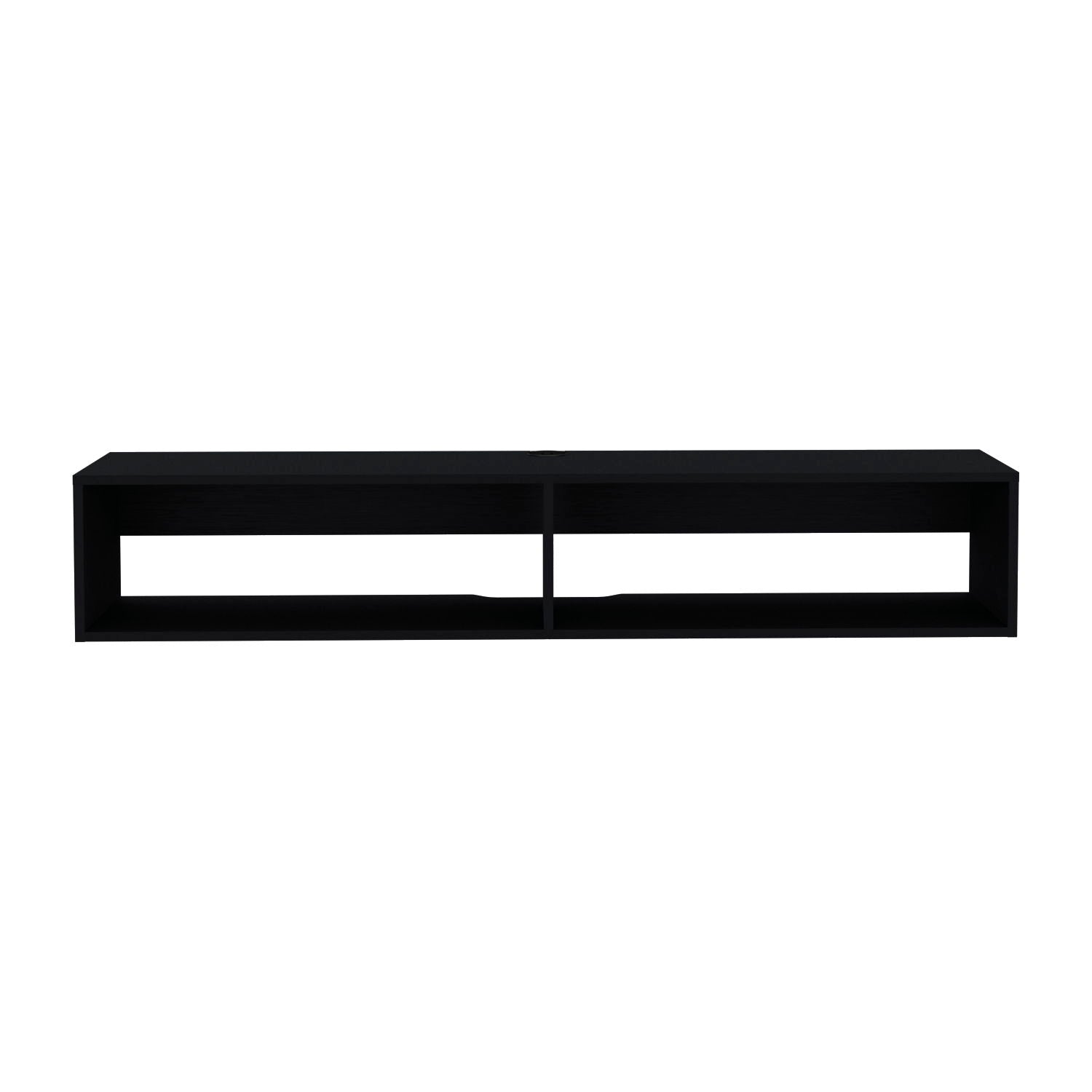 The Moore - Floating TV Stand is a modern black rectangular wall-mounted shelf with two open compartments, shown from the front against a white background.