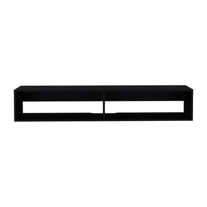 The Moore - Floating TV Stand is a modern black rectangular wall-mounted shelf with two open compartments, shown from the front against a white background.