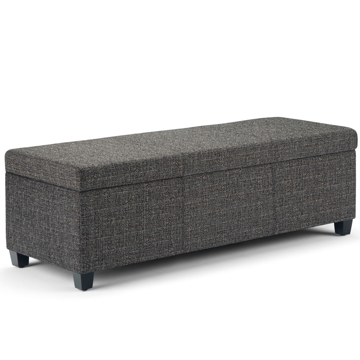 The Avalon Storage Ottoman Bench in dark gray features a rectangular, upholstered design with textured fabric, short black legs, and a lift-up cushioned top for storage—shown against a white background.
