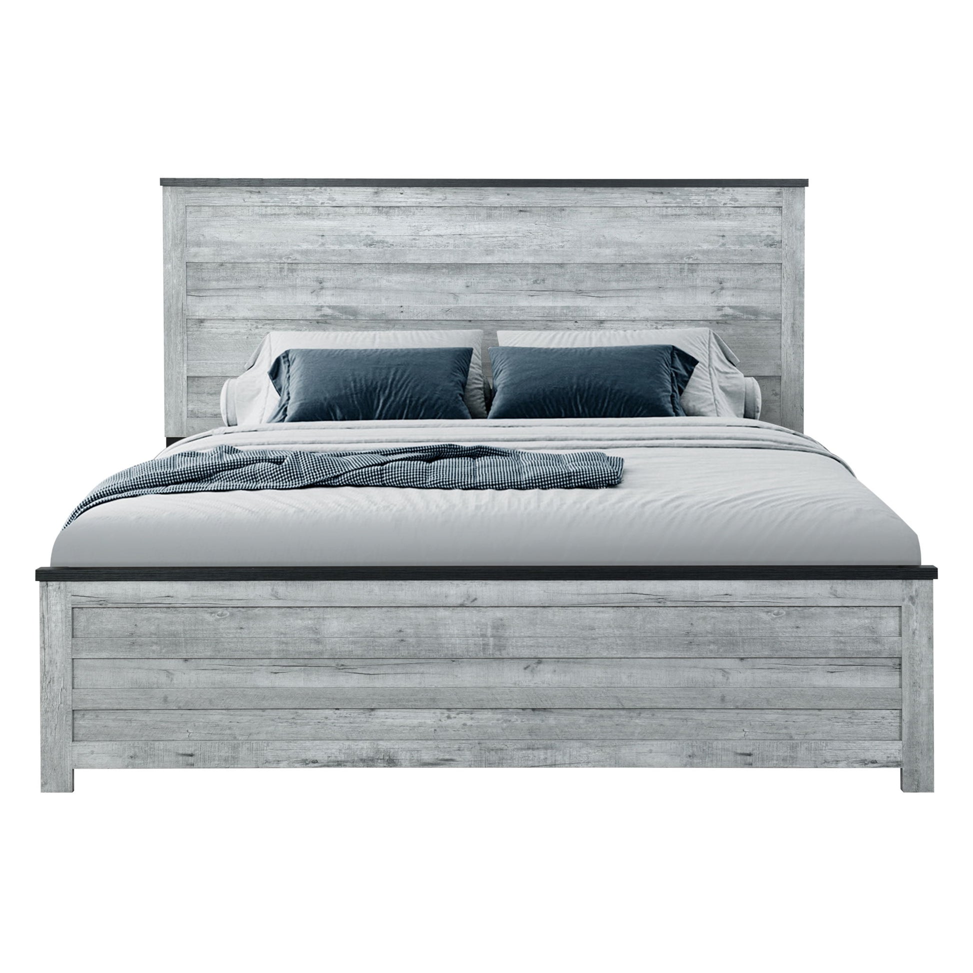 The Kicks - 5 Pieces Bedroom Set features a modern bed with a rustic, light gray wooden frame and headboard, styled with white bedding, blue and gray pillows, and a blue textured throw.