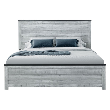 The Kicks - 5 Pieces Bedroom Set features a modern bed with a rustic, light gray wooden frame and headboard, styled with white bedding, blue and gray pillows, and a blue textured throw.
