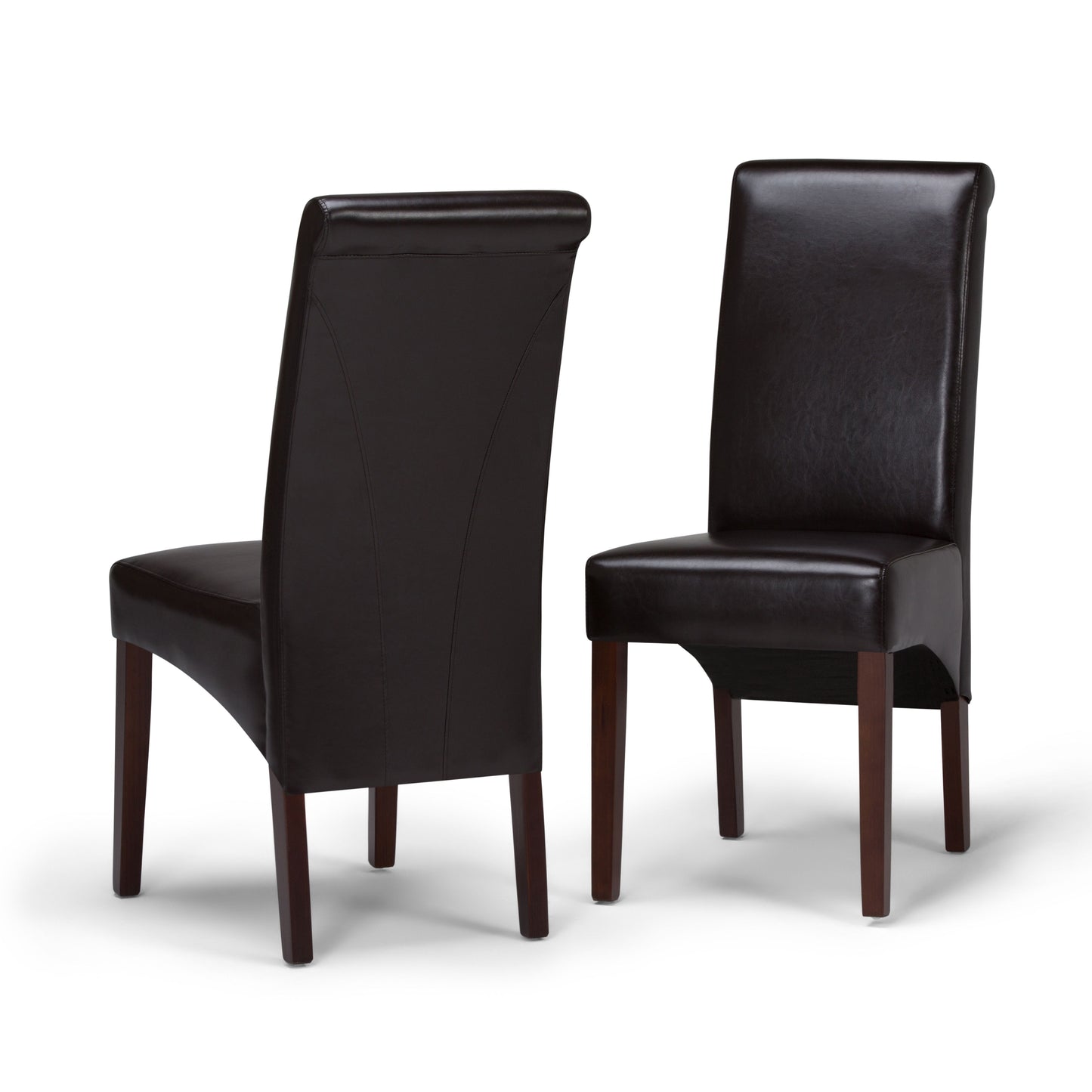 The Avalon Deluxe Parson Dining Chair set includes two dark brown, high-back chairs with wooden legs and smooth, cushioned upholstery. One chair faces forward while the other displays the elegant modern back design.