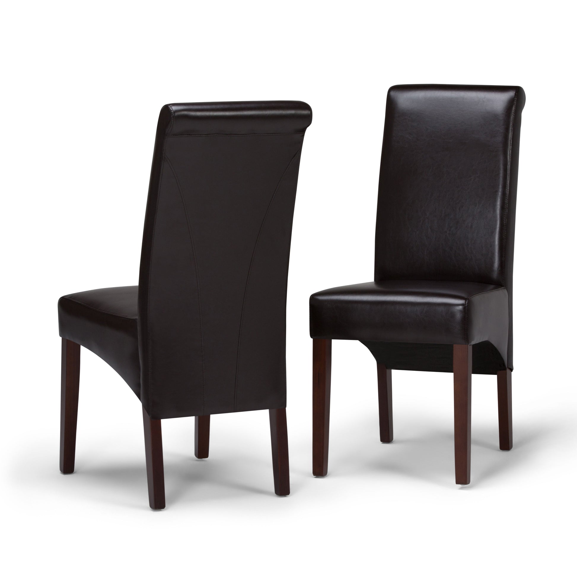 The Avalon Deluxe Parson Dining Chair set includes two dark brown, high-back chairs with wooden legs and smooth, cushioned upholstery. One chair faces forward while the other displays the elegant modern back design.