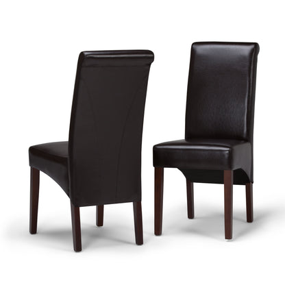 The Avalon Deluxe Parson Dining Chair set includes two dark brown, high-back chairs with wooden legs and smooth, cushioned upholstery. One chair faces forward while the other displays the elegant modern back design.