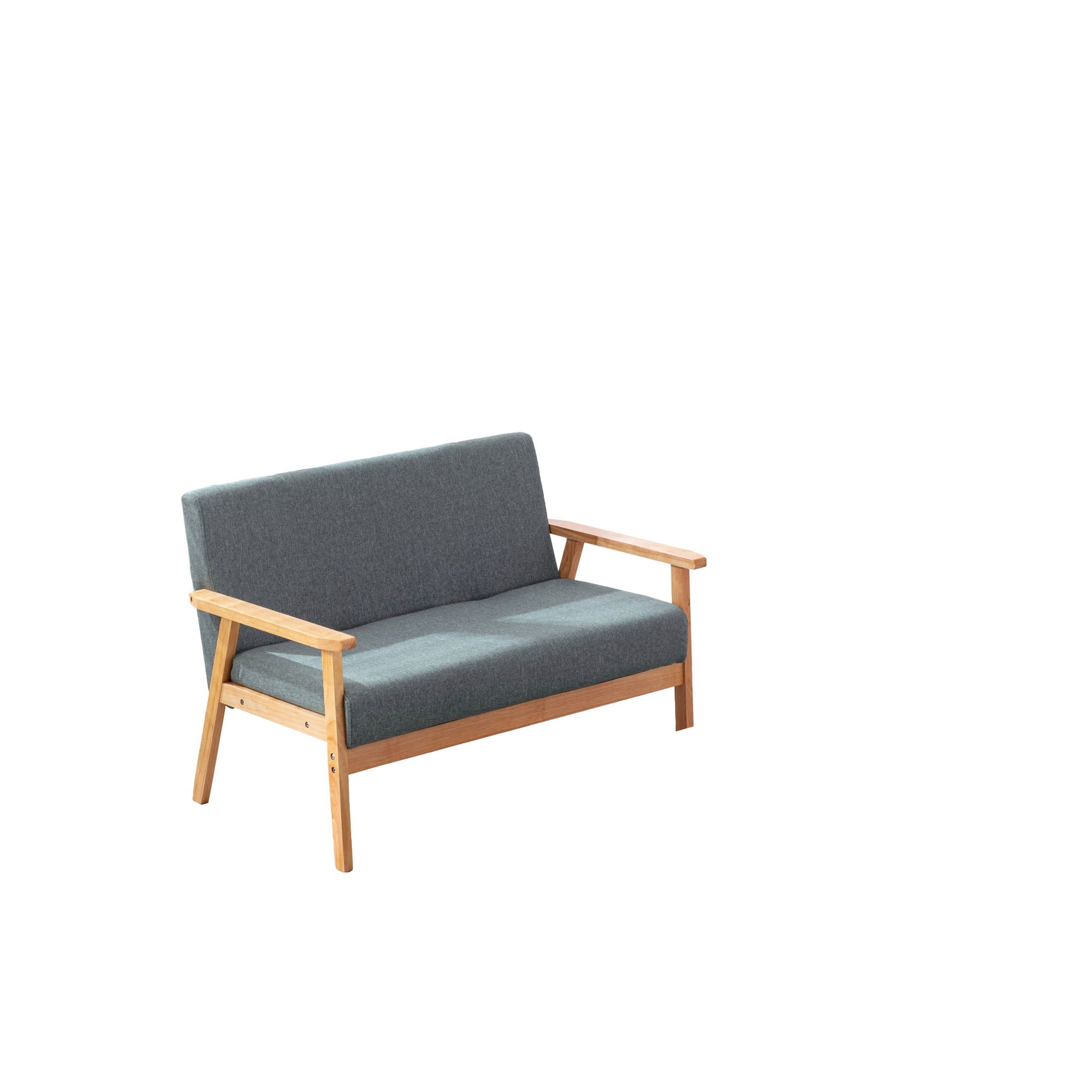 The Bahamas Loveseat is a modern two-seater sofa with a wooden frame, angled arms, and gray upholstered cushions, shown against a plain white background.
