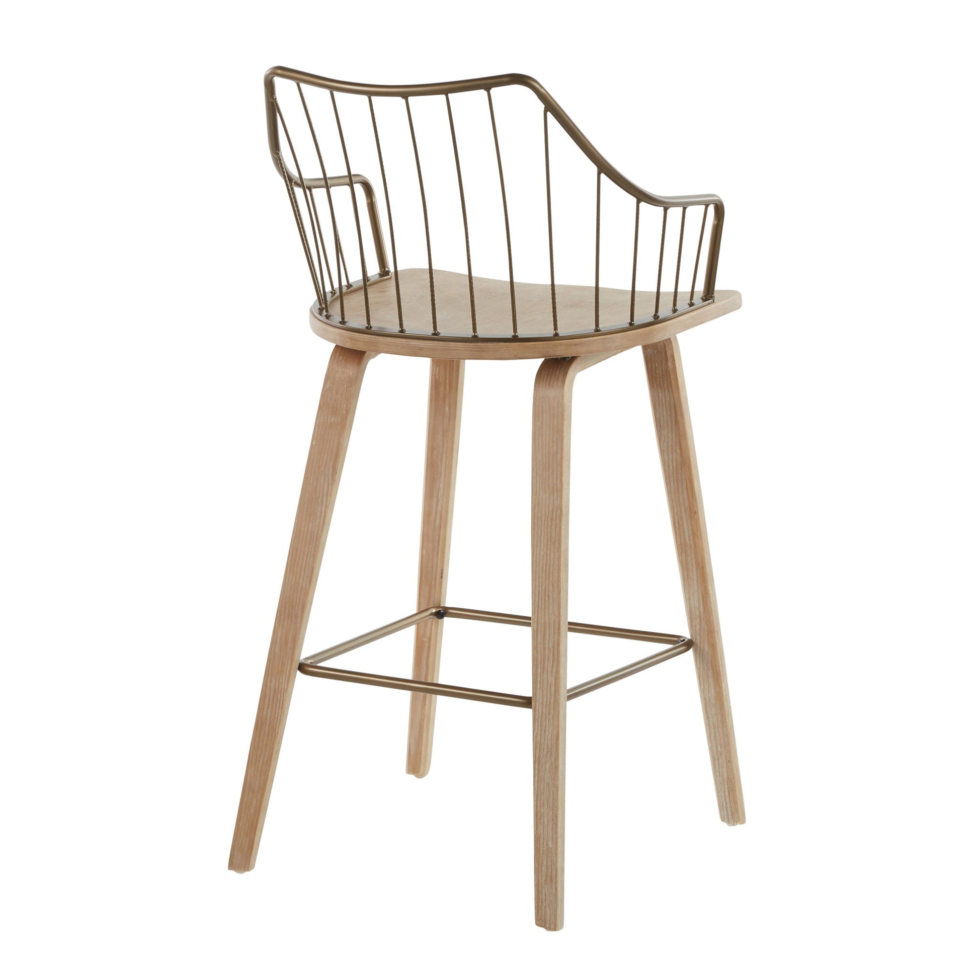 The Winston - Farmhouse Counter Stool features a modern wooden seat, light wood legs, a metal wire backrest, and a metal footrest connecting the legs.