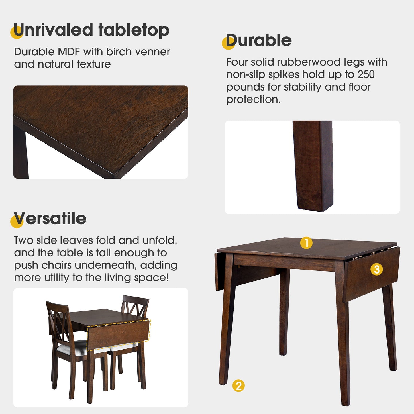 Infographic features the 3 Piece Kitchen Dining Set with drop leaf table and 2 upholstered chairs in brown. Highlights include a durable tabletop, sturdy legs with non-slip spikes, and a versatile design perfect for small spaces.
