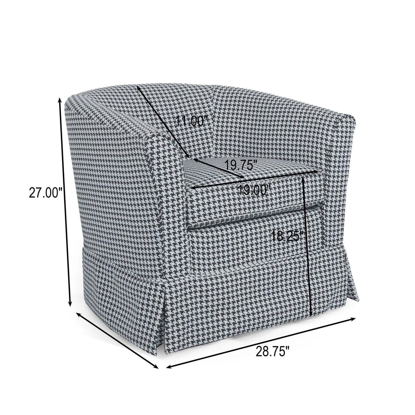 The Zeniqua Upholstered Velvet Swivel Chair with Loose Cover features a gray and white houndstooth pattern and measures 27" high, 28.75" wide, with a seat depth of 19.75", seat width of 18.25", and arm height of 11".