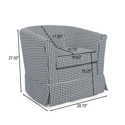 The Zeniqua Upholstered Velvet Swivel Chair with Loose Cover features a gray and white houndstooth pattern and measures 27" high, 28.75" wide, with a seat depth of 19.75", seat width of 18.25", and arm height of 11".