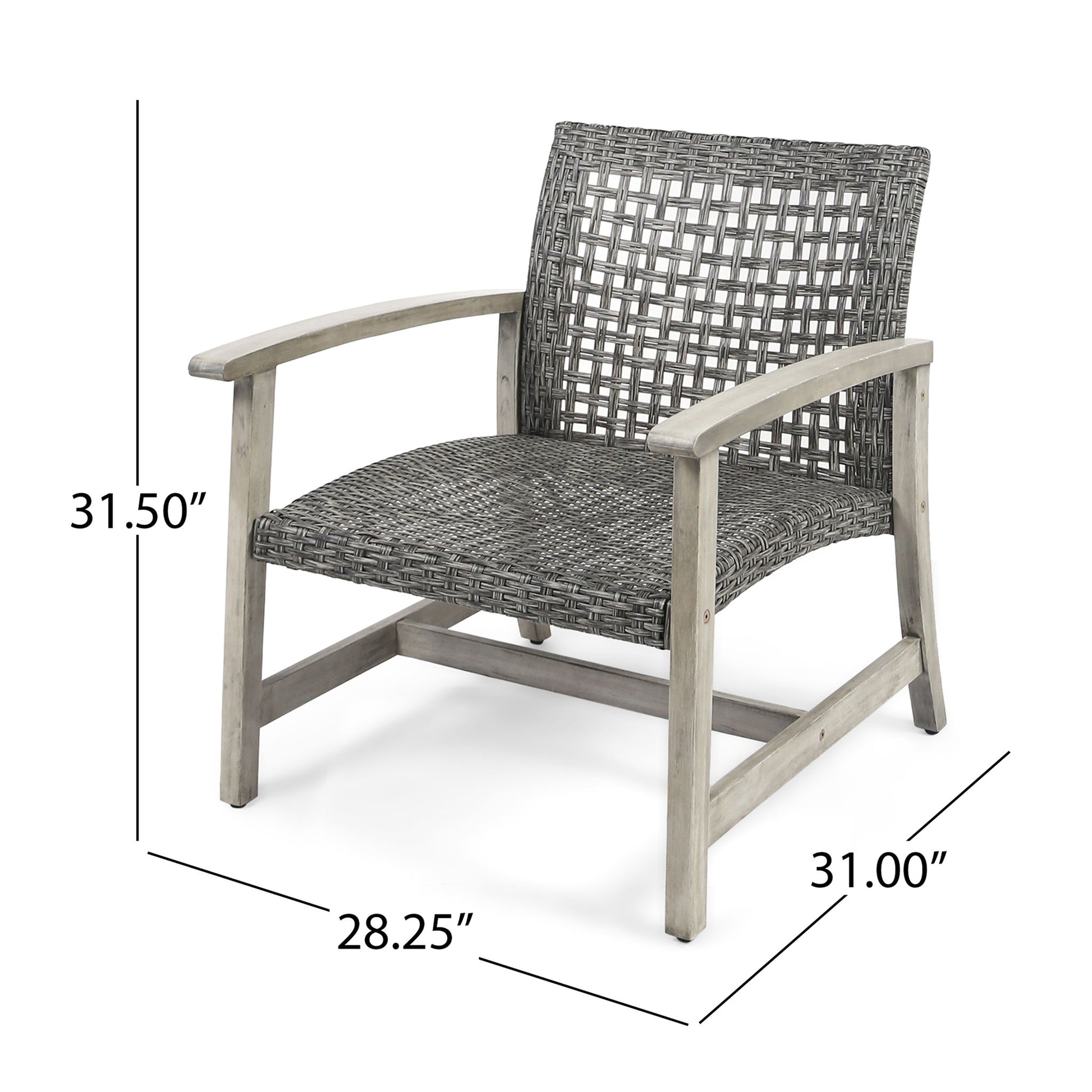 The Outdoor Club Chair With Rattan Cover And Acacia Wood Frame - Gray features a woven rattan back and seat, acacia wood frame, and measures 31.50" tall, 28.25" deep, and 31.00" wide—ideal for outdoor relaxation.