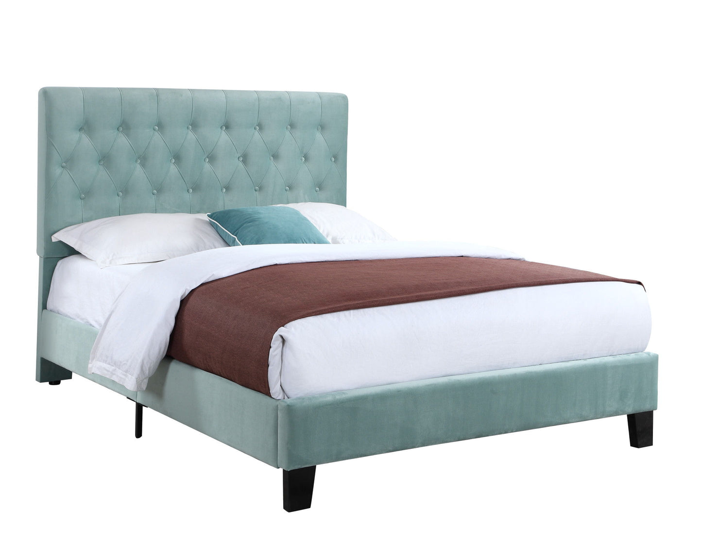 The Luma Upholstered Bed features a teal tufted headboard and black legs. It's styled with white sheets, a brown blanket, and a white and teal pillow, all set against a plain white background.