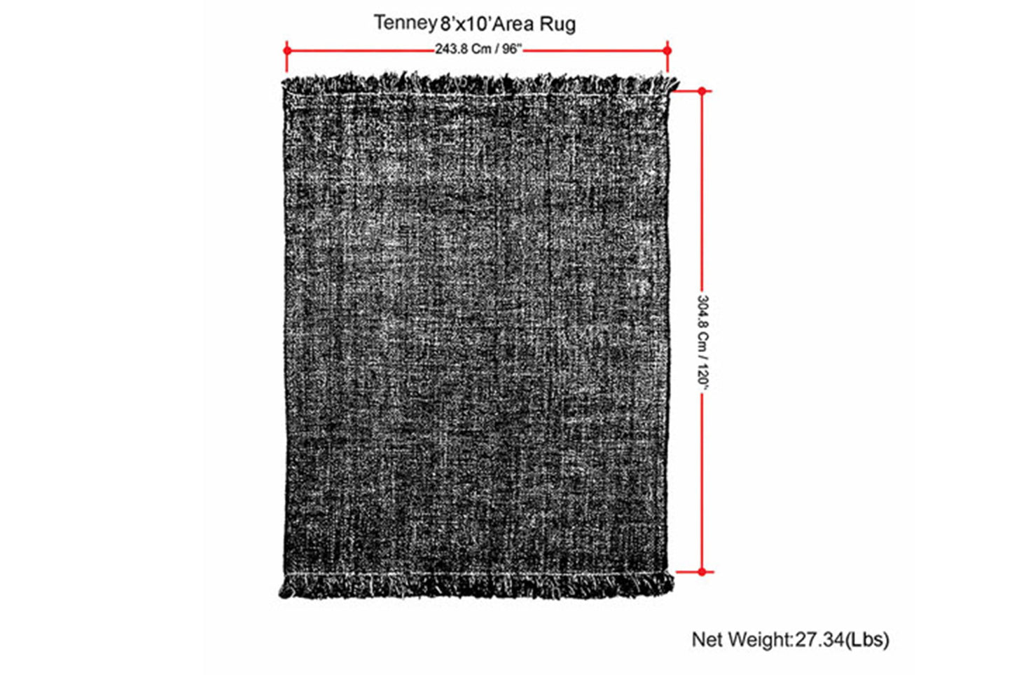 Black and white diagram of the Tenney - Handcrafted Area Rug, 8'x10', with dimensions: 243.8 cm (96") wide x 304.8 cm (120") long; net weight: 27.34 lbs.