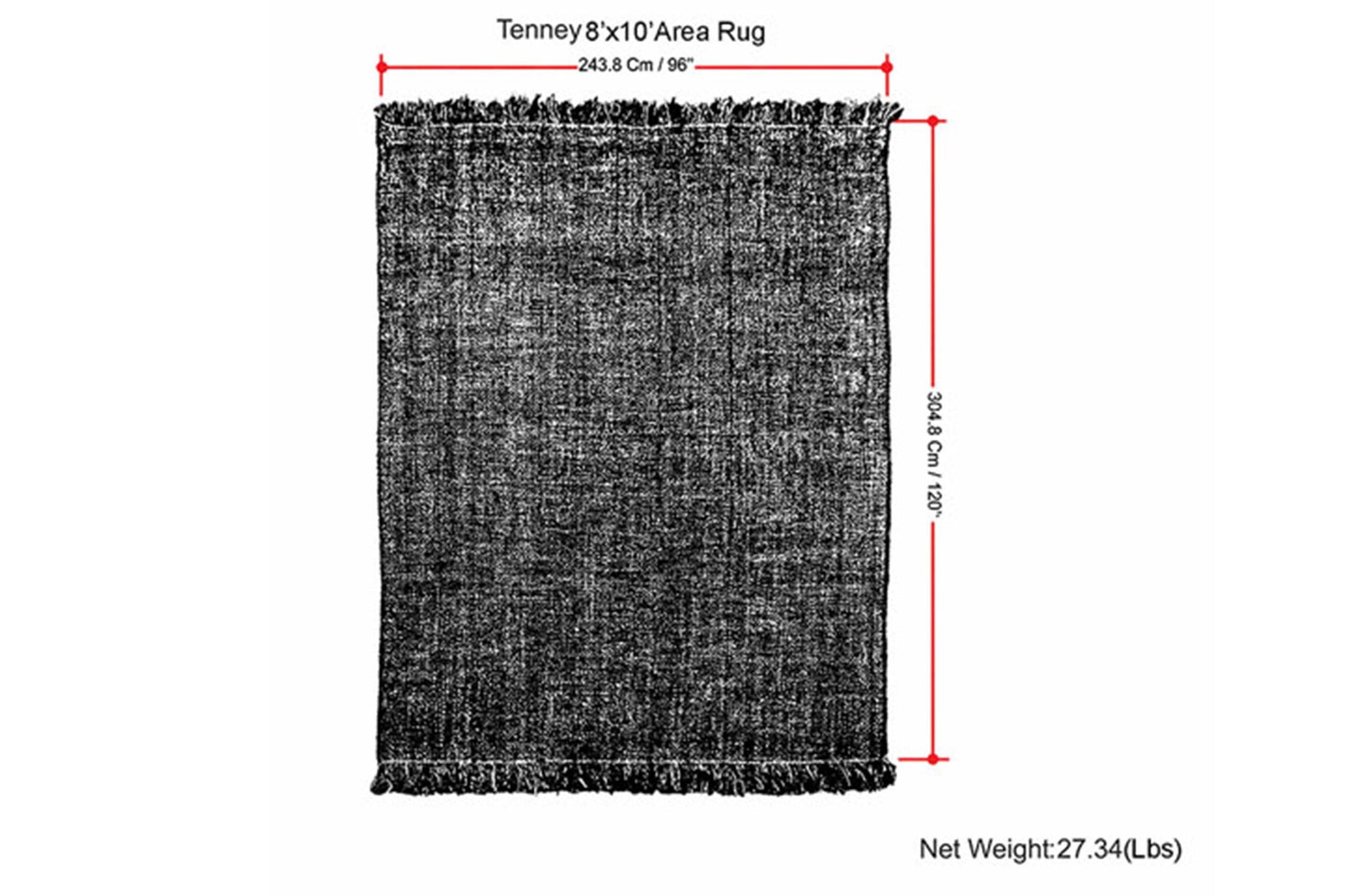 Black and white diagram of the Tenney - Handcrafted Area Rug, 8'x10', with dimensions: 243.8 cm (96") wide x 304.8 cm (120") long; net weight: 27.34 lbs.