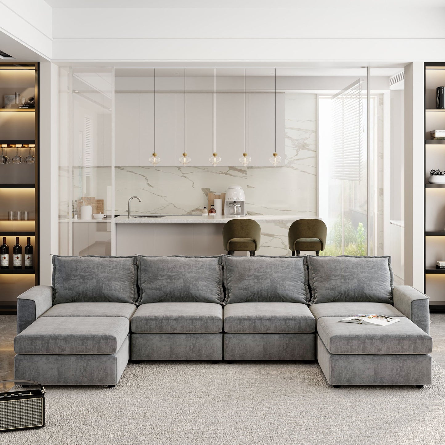 Chenille Modular Sectional Sofa, U Shaped Reversible Couch, Free Combination, 6 Seat Sleeper Sofa Bed With Ottoman, Convertible Oversized Indoor Furniture - Gray