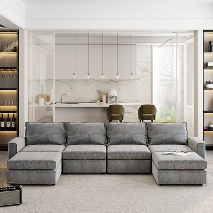 Chenille Modular Sectional Sofa, U Shaped Reversible Couch, Free Combination, 6 Seat Sleeper Sofa Bed With Ottoman, Convertible Oversized Indoor Furniture - Gray