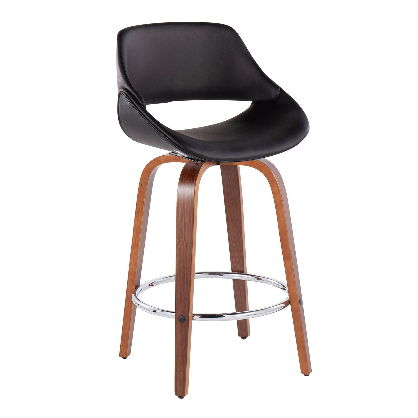 The Fabrico Mid Century Modern Fixed Height Counter Stool (Set of 2) features a curved black seat, wooden legs, and a round chrome footrest, shown on a white background.