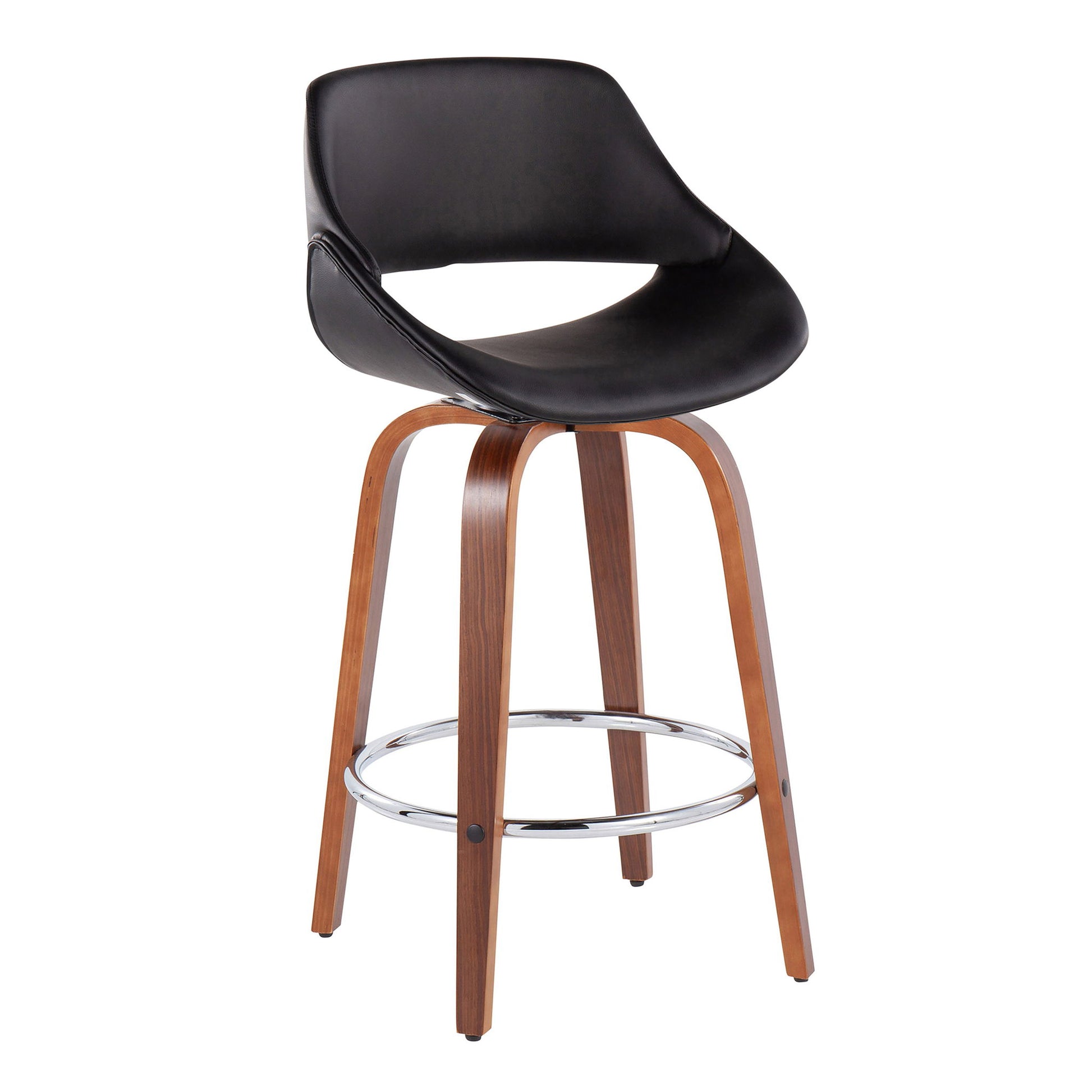 The Fabrico Mid Century Modern Fixed Height Counter Stool (Set of 2) features a curved black seat, wooden legs, and a round chrome footrest, shown on a white background.