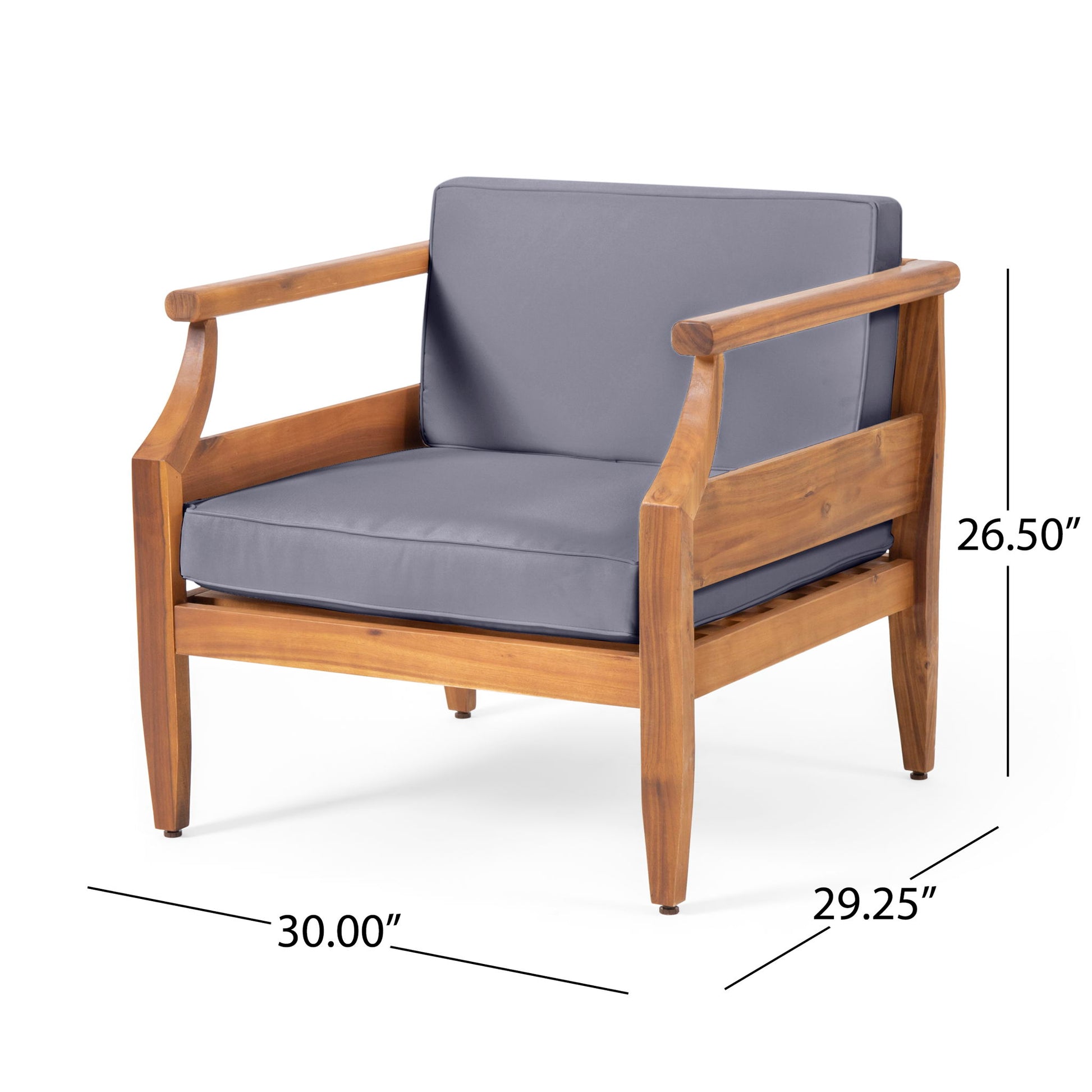 The Outdoor Club Chair With Recessed Arms And Cushions features a wooden frame with curved arms, angled legs, and gray seat and back cushions. Dimensions: 26.5"H x 30"W x 29.25"D.