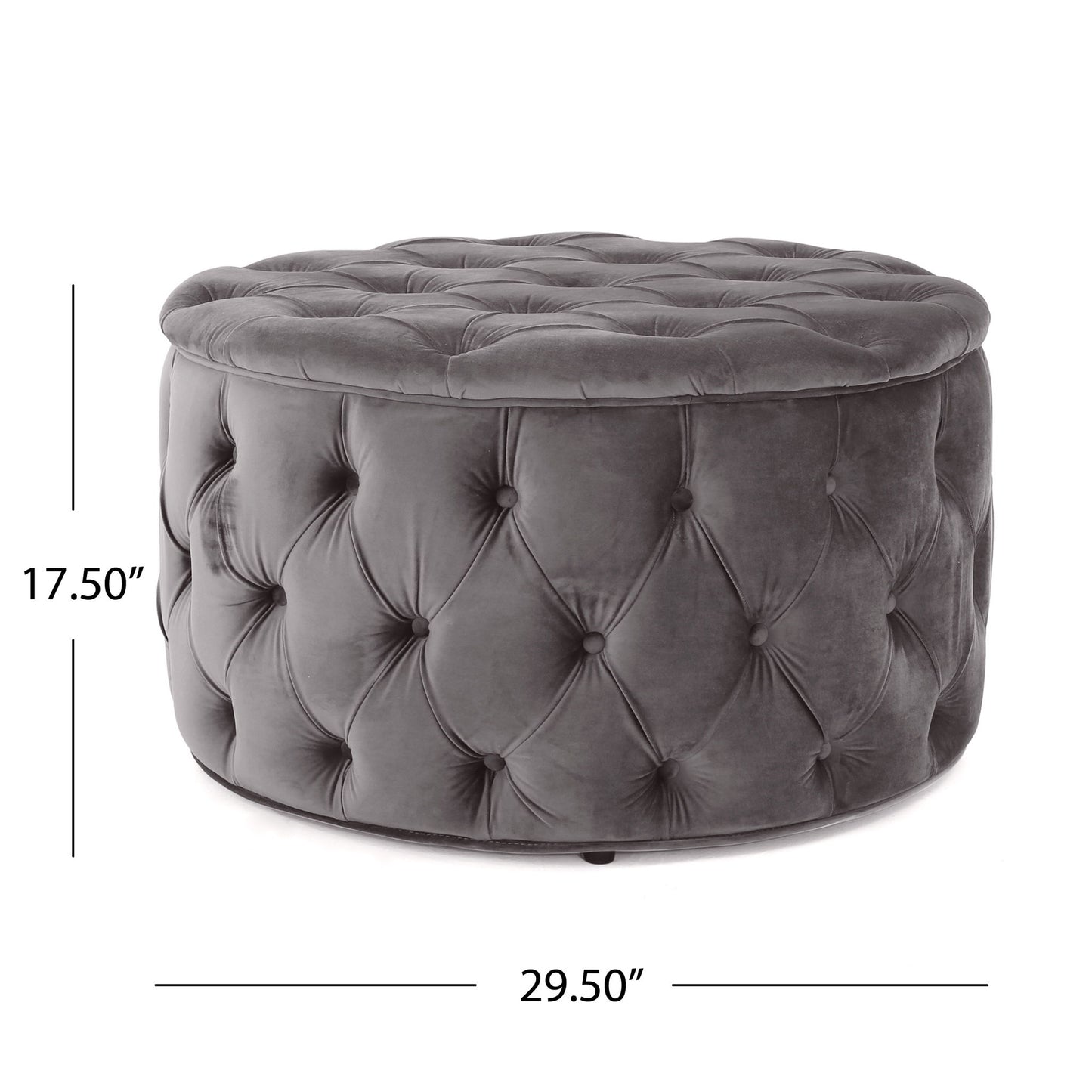 The Modern Glam Ottoman Velvet features a round, tufted design with a soft, velvet-like finish. It measures 17.5" high and 29.5" in diameter.