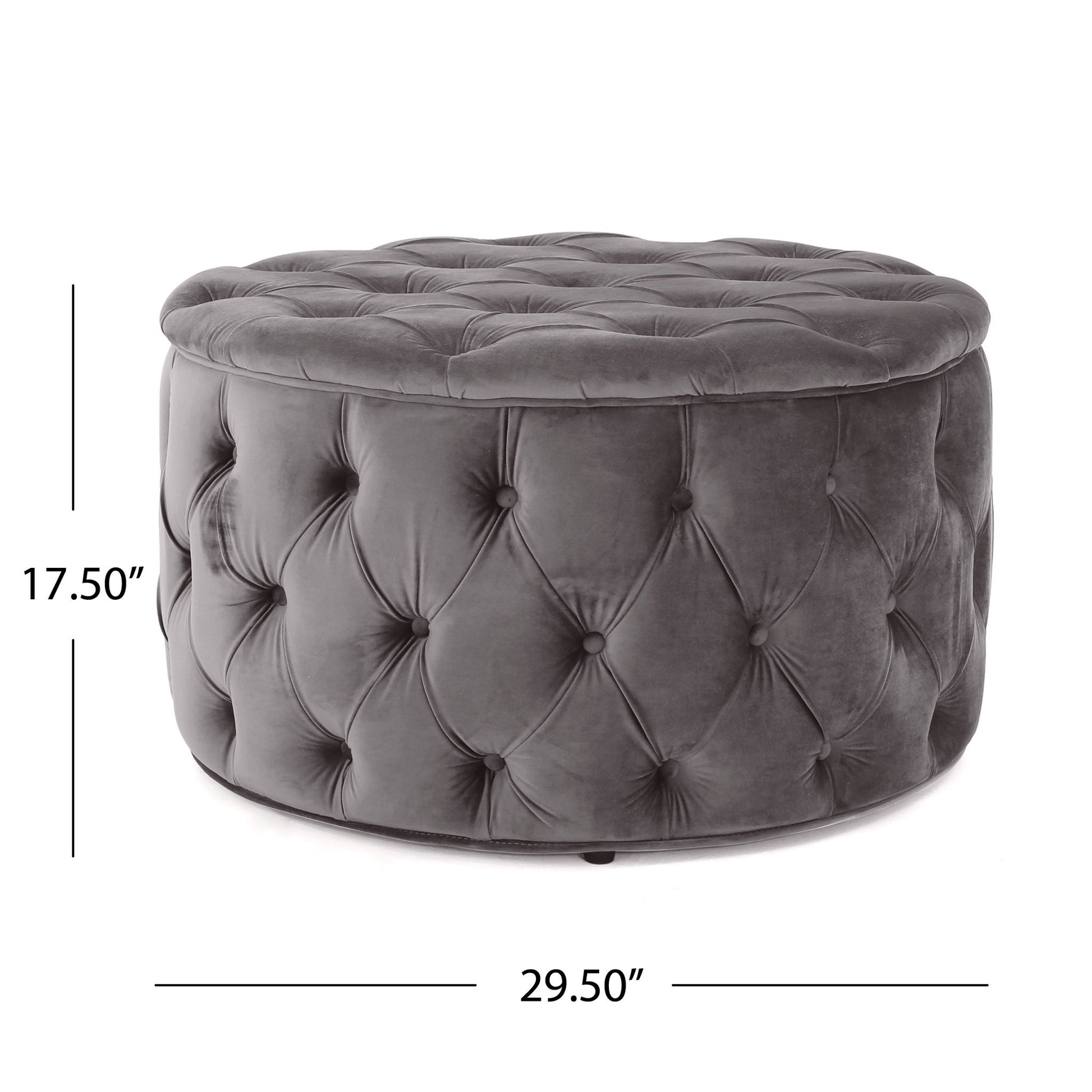 The Modern Glam Ottoman Velvet features a round, tufted design with a soft, velvet-like finish. It measures 17.5" high and 29.5" in diameter.