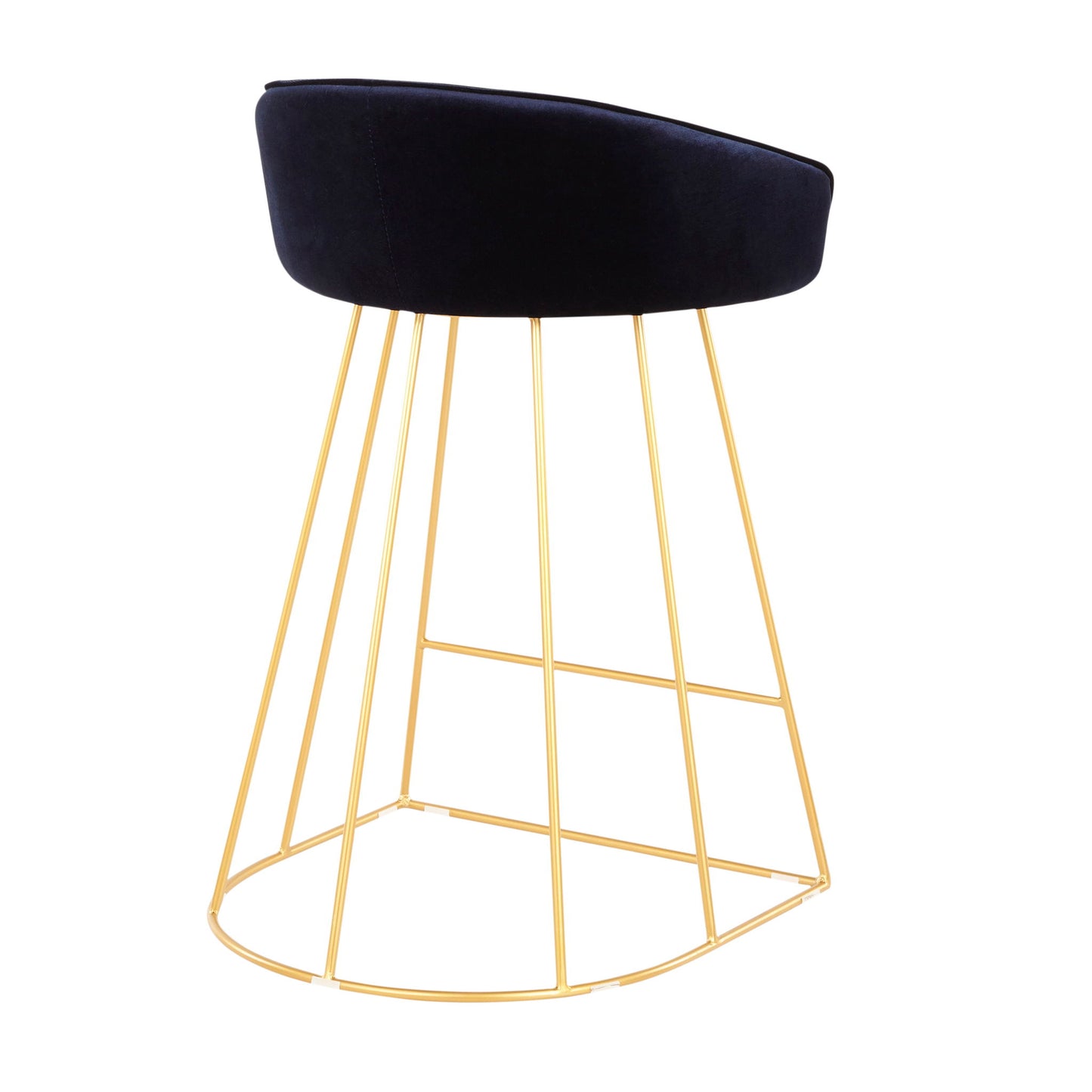 The Canary - Contemporary Counter Stool (Set of 2) features a curved black upholstered seat and a geometric gold metal wire base for a sleek, modern look.