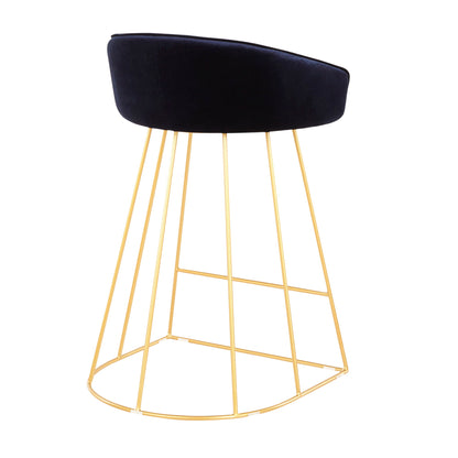 The Canary - Contemporary Counter Stool (Set of 2) features a curved black upholstered seat and a geometric gold metal wire base for a sleek, modern look.