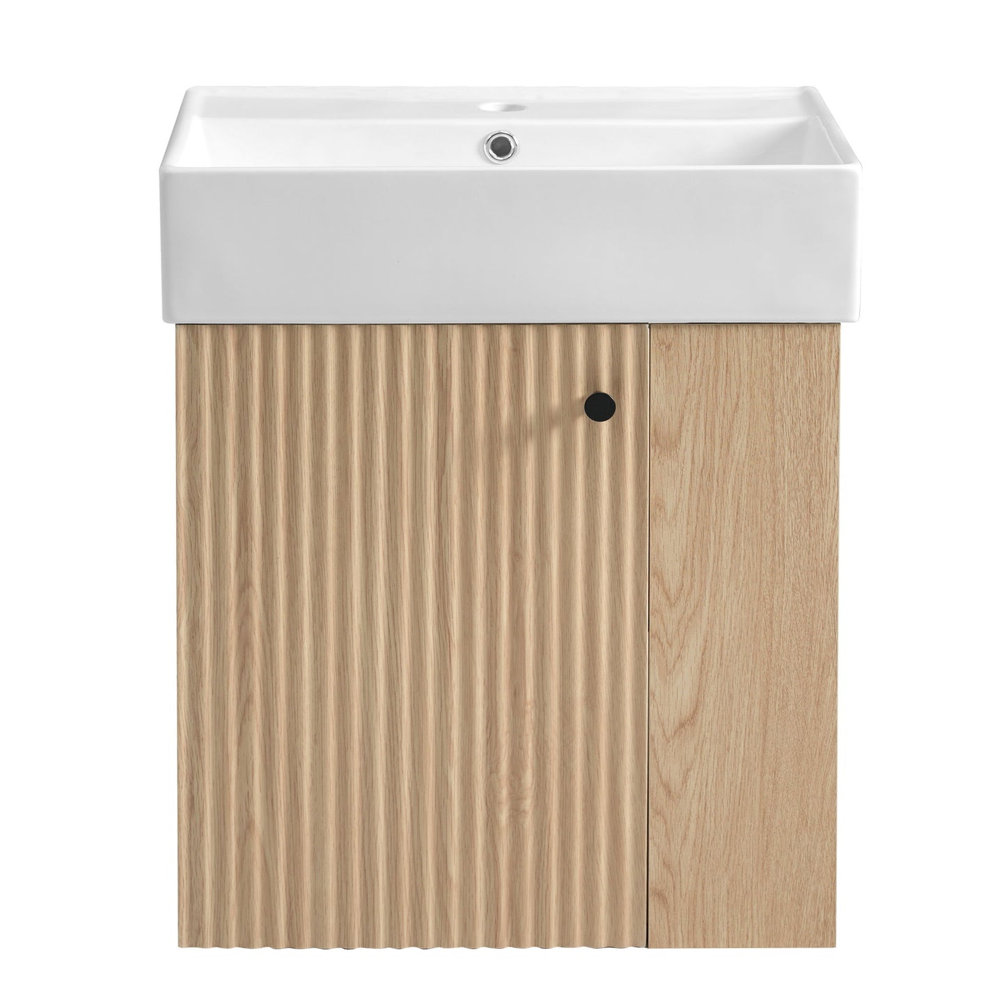 The Modern Floating Bathroom Vanity with Ceramic Basin features a white rectangular sink atop a light wood cabinet with vertical grooves on the left door and a plain right door—ideal for small bathrooms.