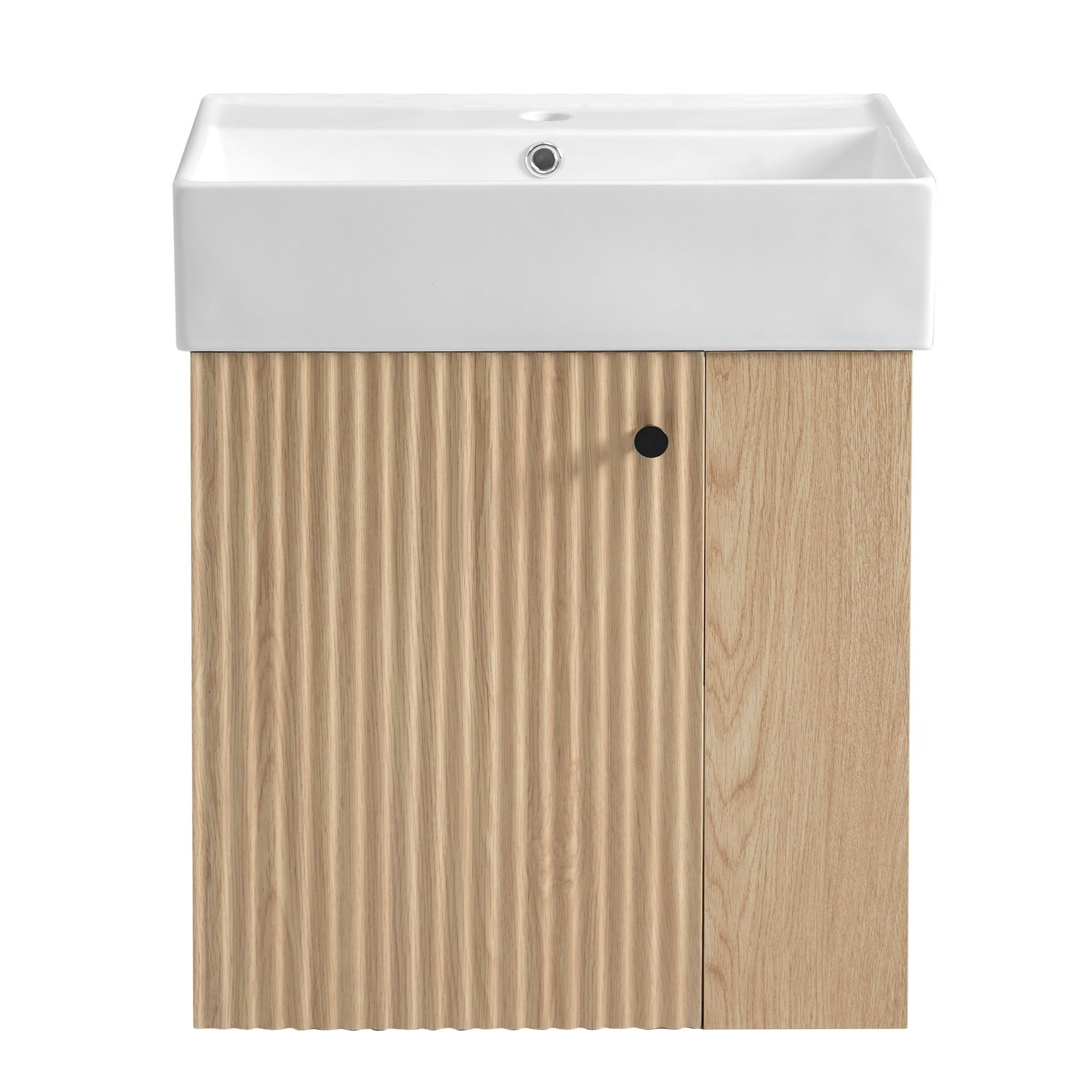 The Modern Floating Bathroom Vanity with Ceramic Basin features a white rectangular sink atop a light wood cabinet with vertical grooves on the left door and a plain right door—ideal for small bathrooms.