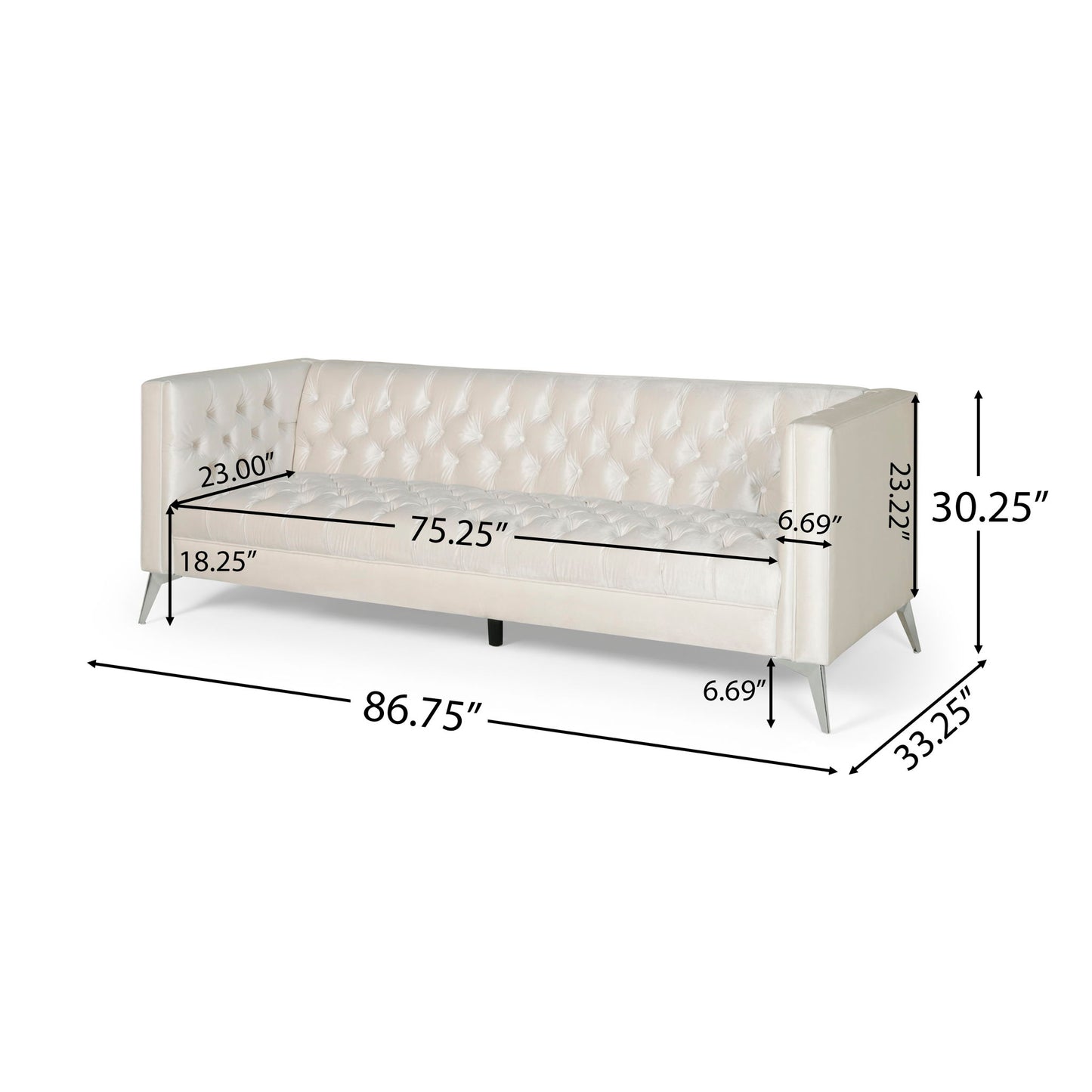 The Contemporary 3 Seater Sofa With Button Tufting is cream-colored and measures 86.75" W x 33.25" D x 30.25" H, with a seat width of 75.25", seat depth of 23", seat height of 18.25", and arm thickness of 6.69".