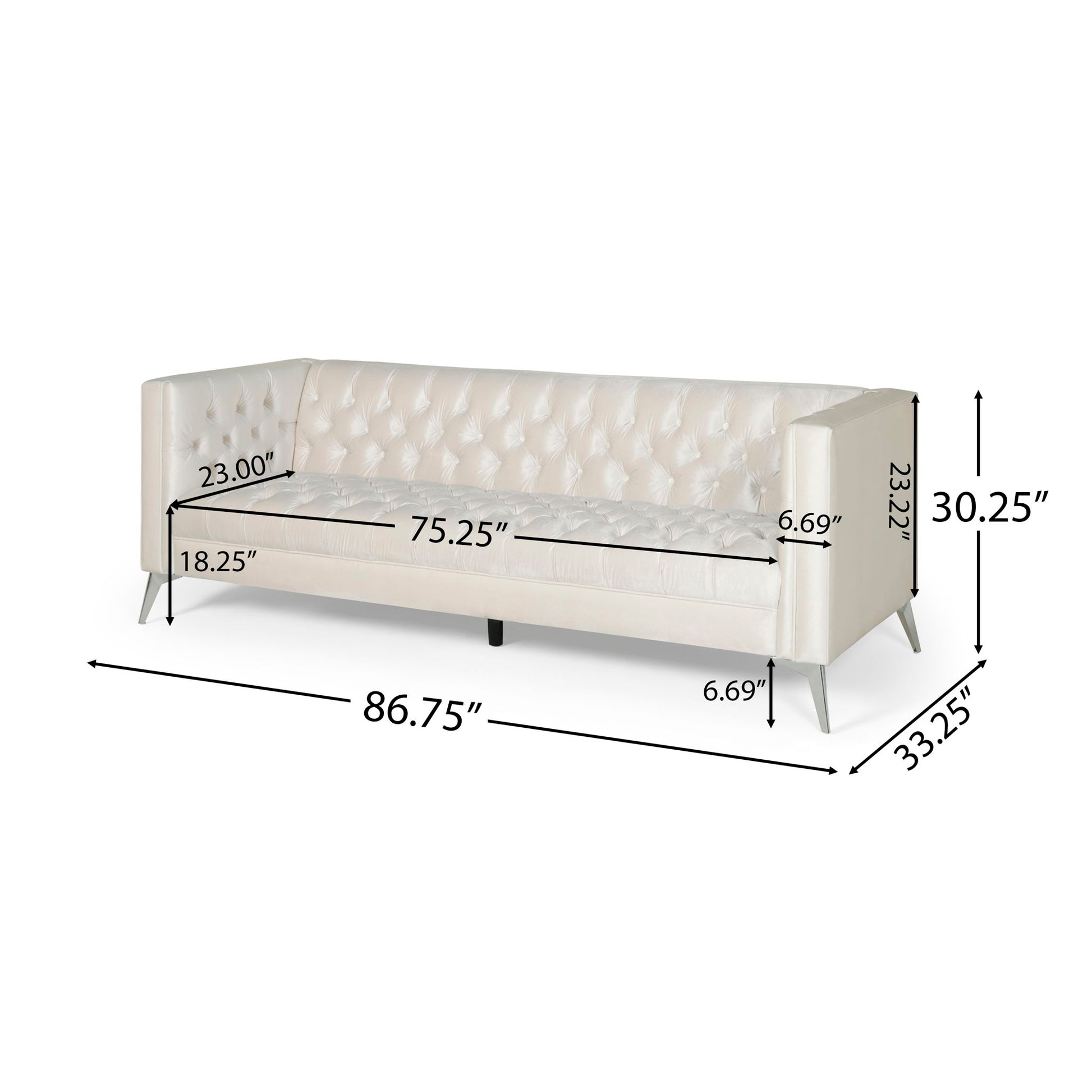 The Contemporary 3 Seater Sofa With Button Tufting is cream-colored and measures 86.75" W x 33.25" D x 30.25" H, with a seat width of 75.25", seat depth of 23", seat height of 18.25", and arm thickness of 6.69".