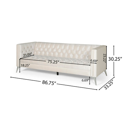 The Contemporary 3 Seater Sofa With Button Tufting is cream-colored and measures 86.75" W x 33.25" D x 30.25" H, with a seat width of 75.25", seat depth of 23", seat height of 18.25", and arm thickness of 6.69".