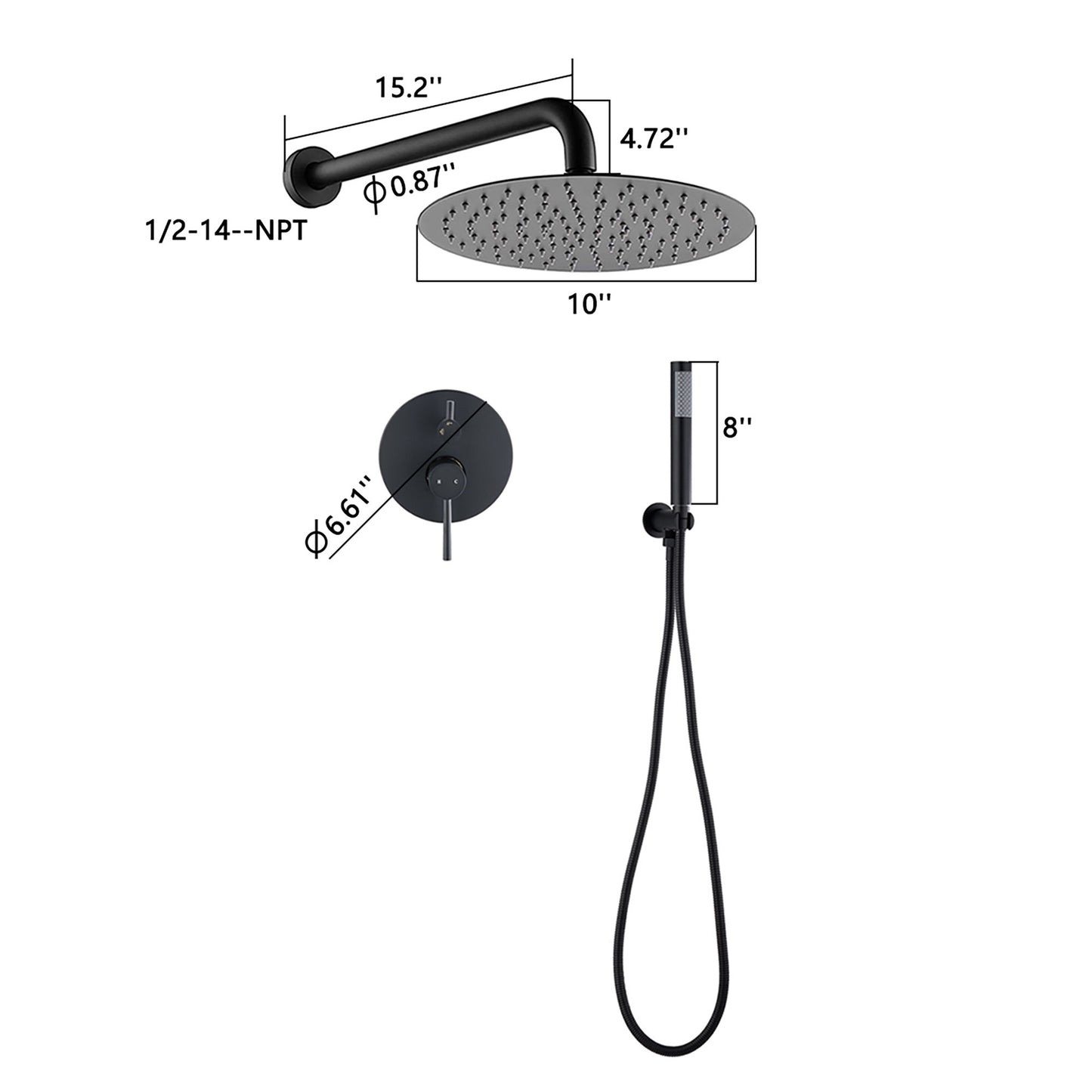 Round Rain Shower Head And Handheld Shower Set With Brass Construction - Matte Black