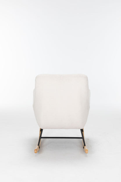 The Rocking Chair Nursery, Teddy Upholstered Glider Rocker in cream features a high backrest, modern design, and sturdy wooden rockers with black metal supports. Shown from the front against a plain white background.