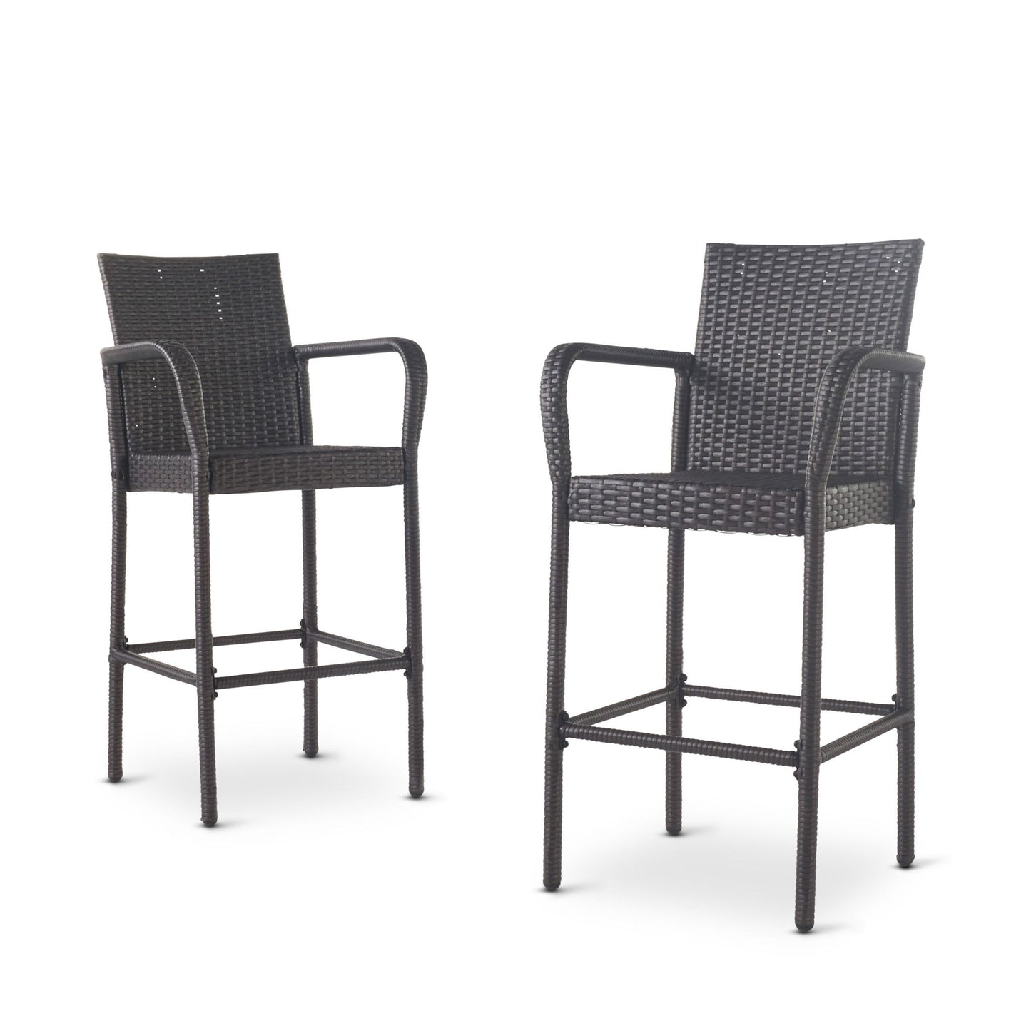 Set of two Outdoor Wicker Barstools with rattan and iron frames, featuring armrests and footrests in a dark brown woven design, shown against a plain white background.