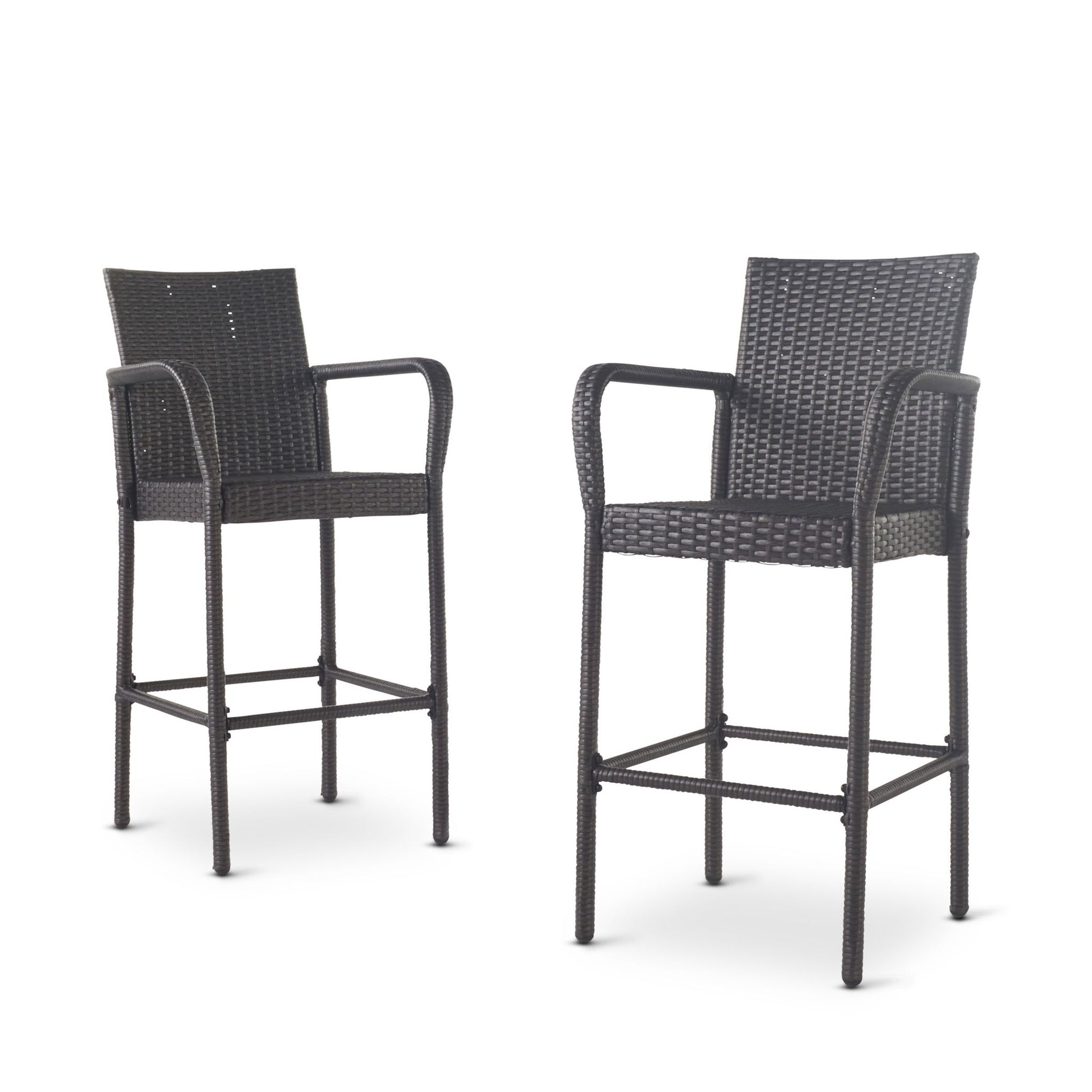 Set of two Outdoor Wicker Barstools with rattan and iron frames, featuring armrests and footrests in a dark brown woven design, shown against a plain white background.