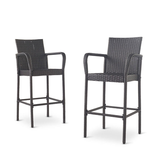 Set of two Outdoor Wicker Barstools with rattan and iron frames, featuring armrests and footrests in a dark brown woven design, shown against a plain white background.