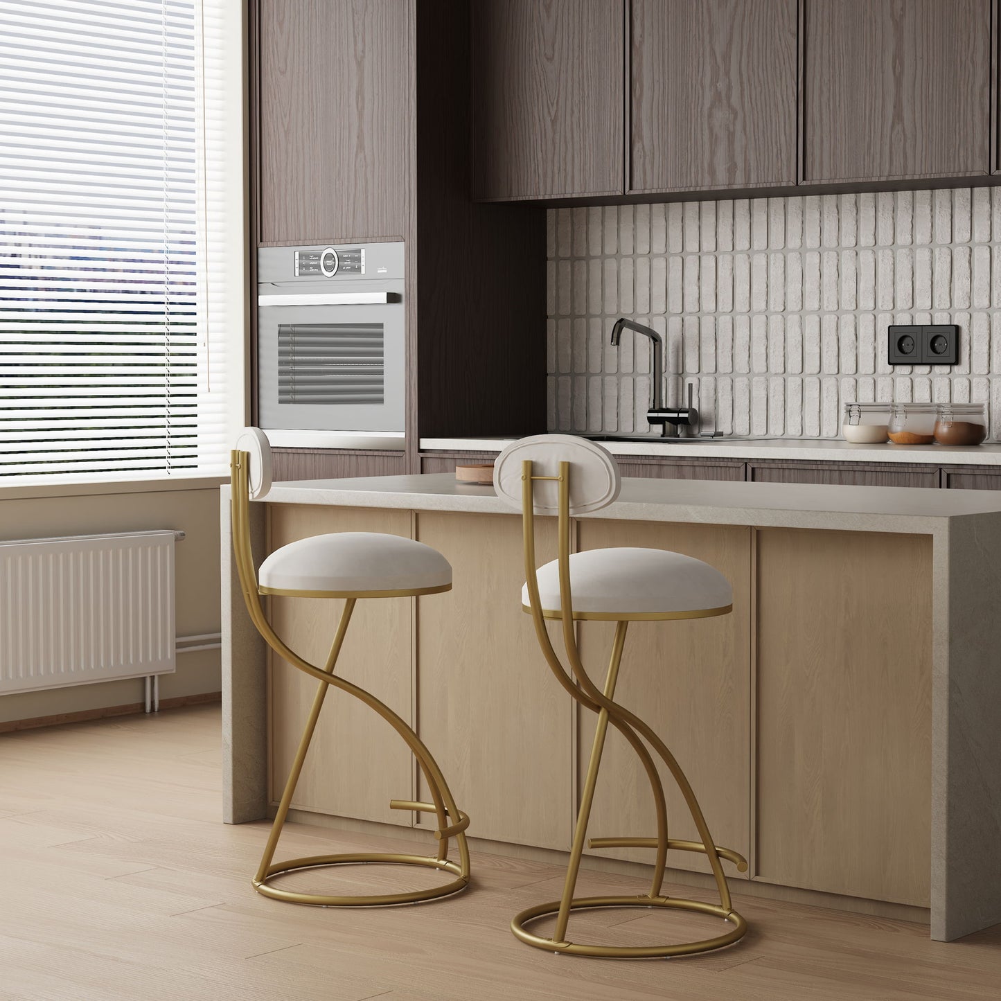 Modern kitchen with light wood cabinets, white tile backsplash, built-in oven, and a bright island. Two upholstered PU leather counter height bar stools with footrests (set of 2) are by the island. Large window with blinds lets in natural light.