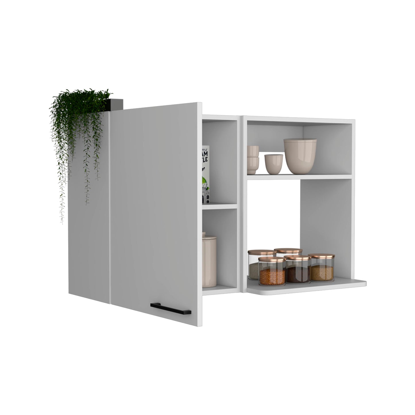 The Burwood Kitchen Wall Cabinet with 2 doors and shelves in white features black handles and displays bowls, cups, and jars inside. A potted plant with trailing vines sits on top of the cabinet.