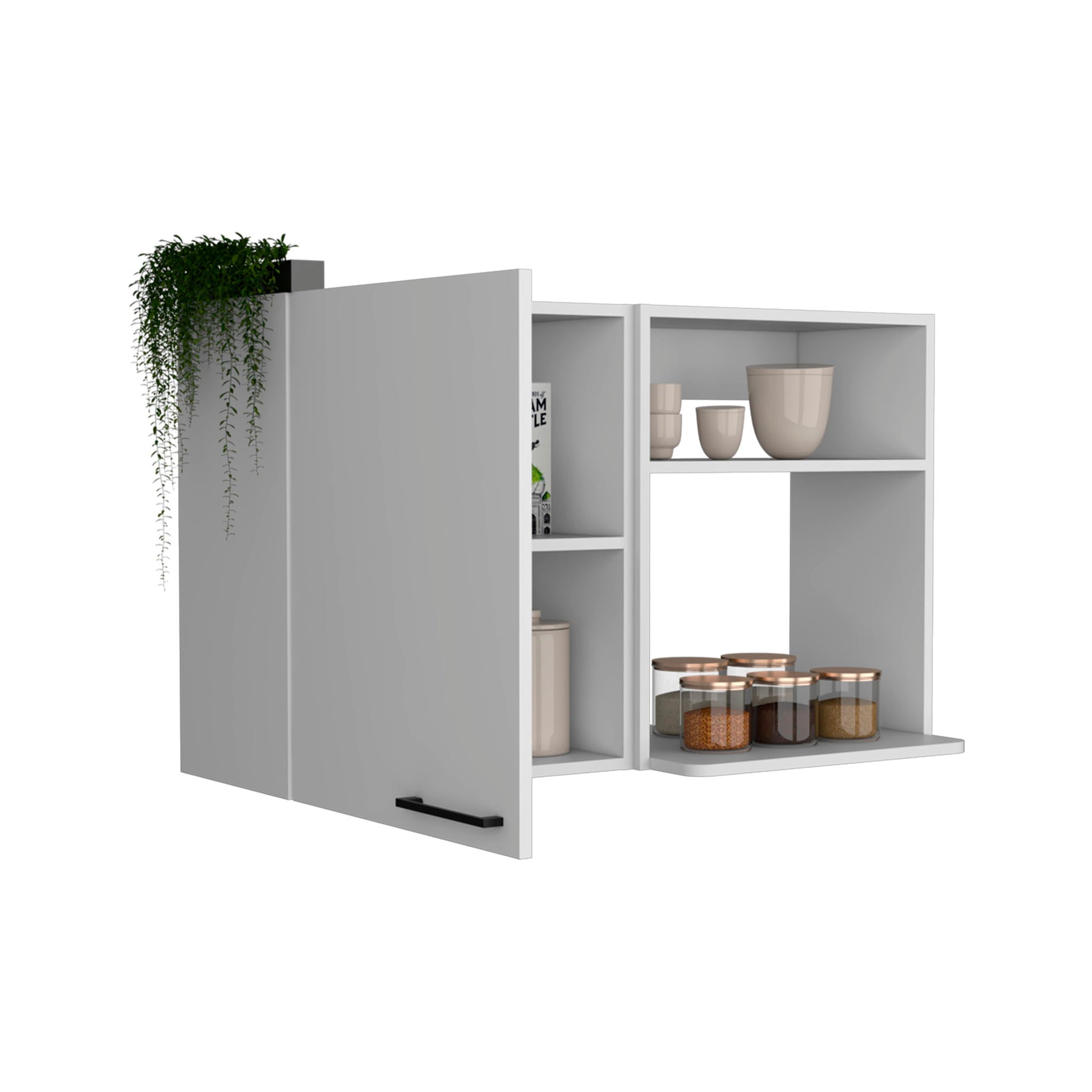The Burwood Kitchen Wall Cabinet with 2 doors and shelves in white features black handles and displays bowls, cups, and jars inside. A potted plant with trailing vines sits on top of the cabinet.