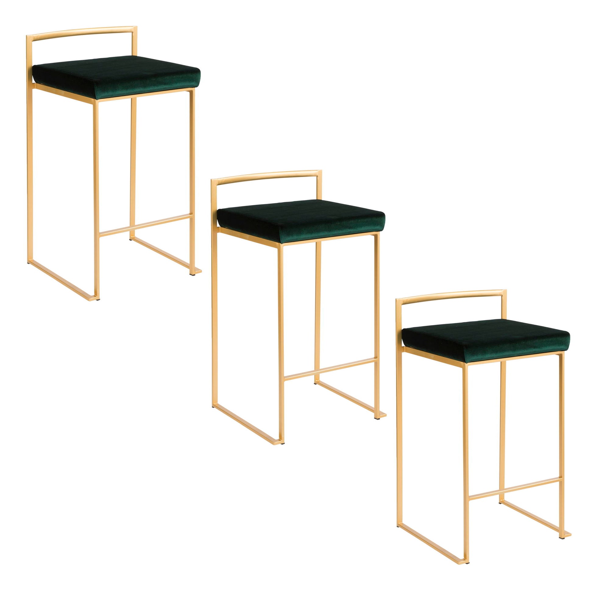 A pair of Fuji Contemporary/Glam Design Counter Stools with gold metal frames and dark green cushioned seats arranged in a staggered layout against a white background.