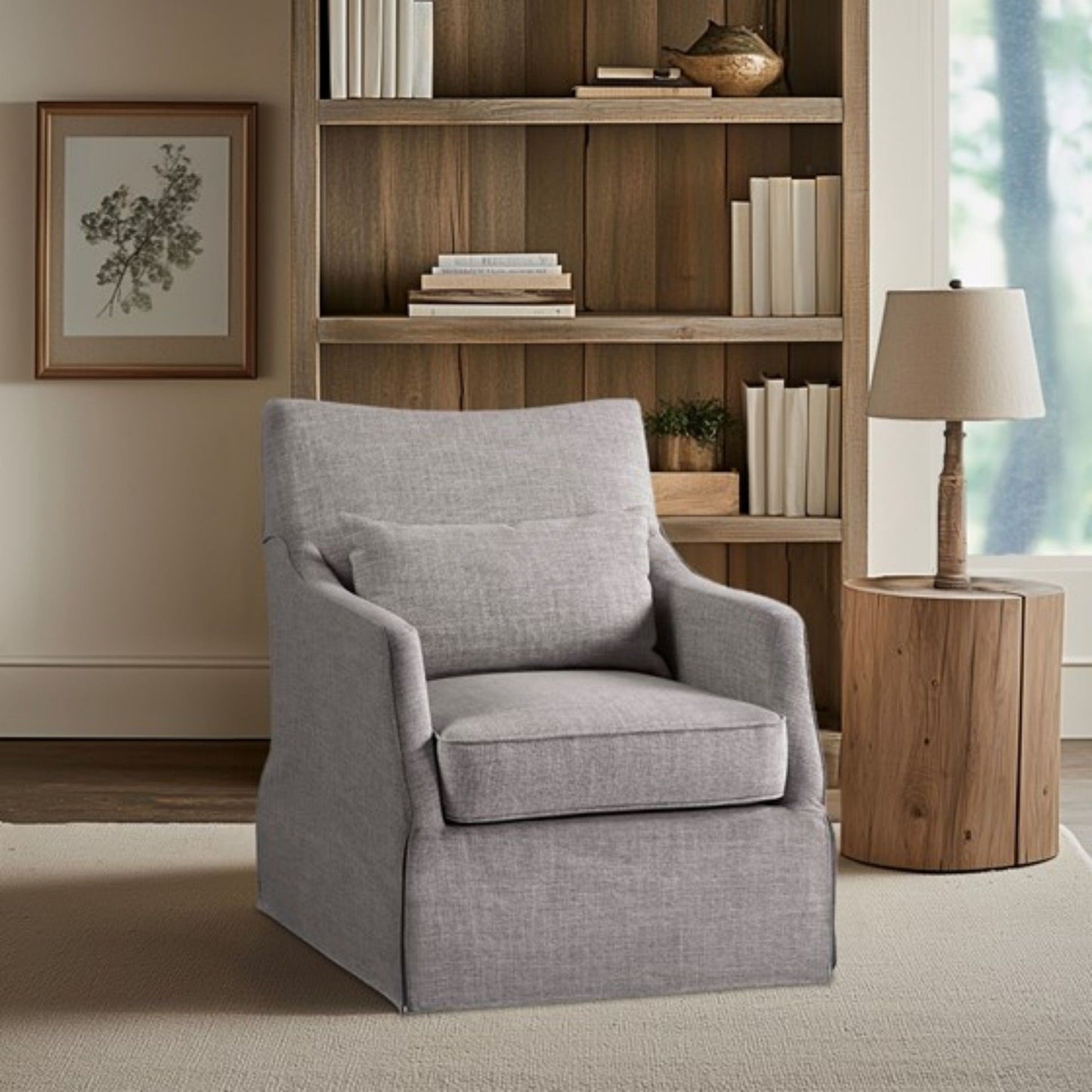 A modern living room featuring the Traditional Design London Skirted Swivel Chair in light gray upholstery, a wooden side table with a beige lamp, bookshelves with decor and books, and a framed botanical print on the wall.
