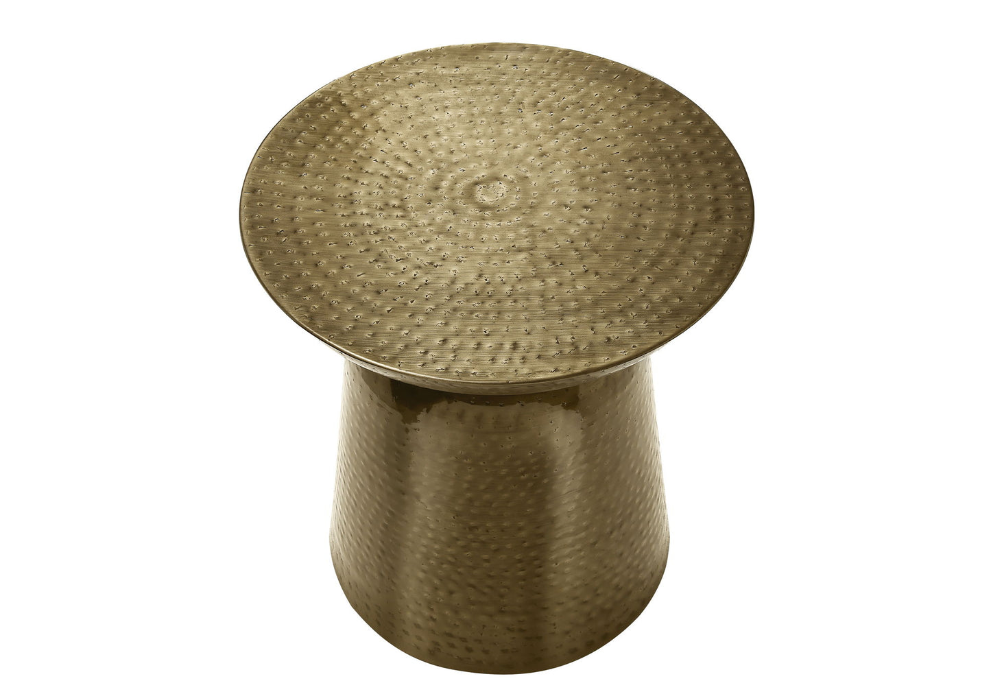 The Drum Accent Side Table features a gold-toned, cylindrical metal design with a hammered texture and a round top, as seen from above.