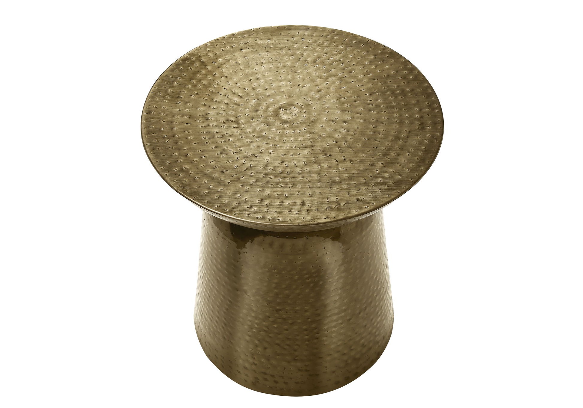 The Drum Accent Side Table features a gold-toned, cylindrical metal design with a hammered texture and a round top, as seen from above.