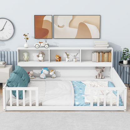 A Floor Bed With Side Bookcase, Shelves, and Guardrails is placed against the wall. Blue pillows and a star-patterned blanket add comfort, while toys, books, abstract art prints, a clock, and a plant decorate the space.