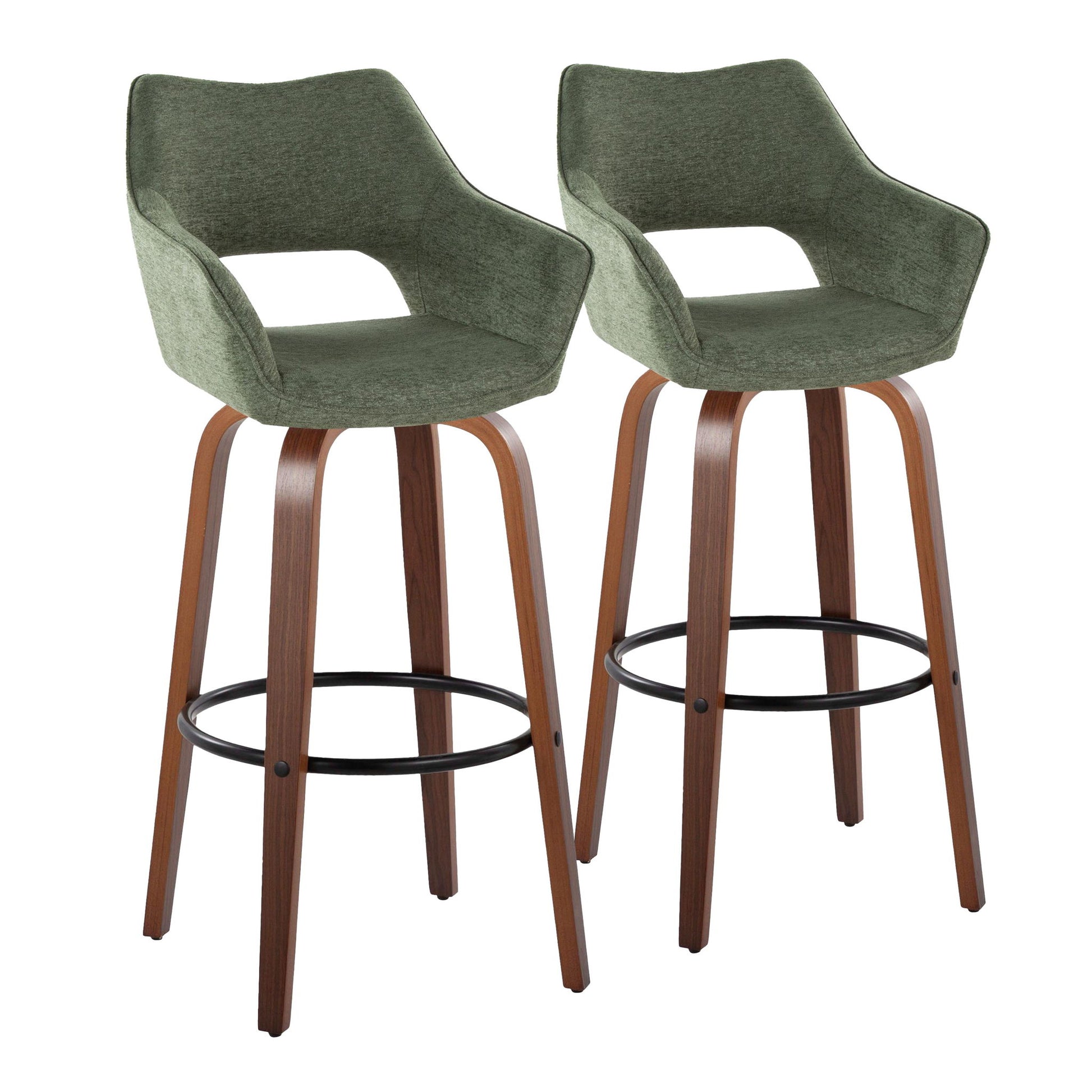 Set of 2 Mustang barstools featuring green fabric seats, curved armrests, open lower backs, fixed height swivel design, wooden legs, and a round black metal footrest.