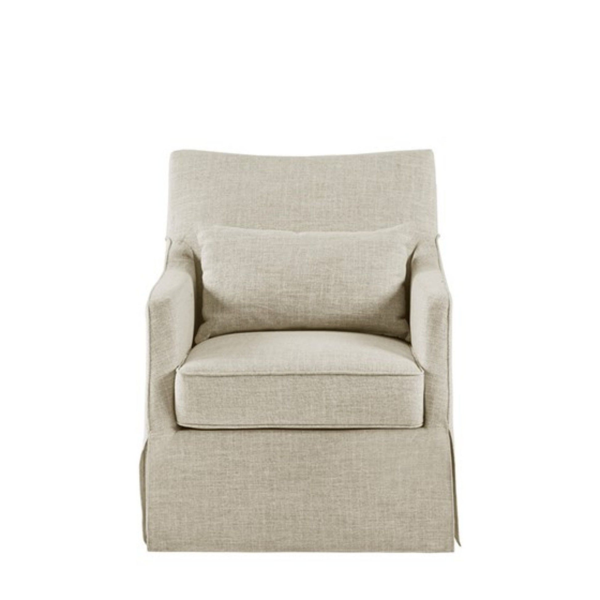The Traditional Design London Skirted Swivel Chair features beige upholstery, a loose seat cushion, a matching back pillow, and a tailored skirt, shown from the front against a white background.