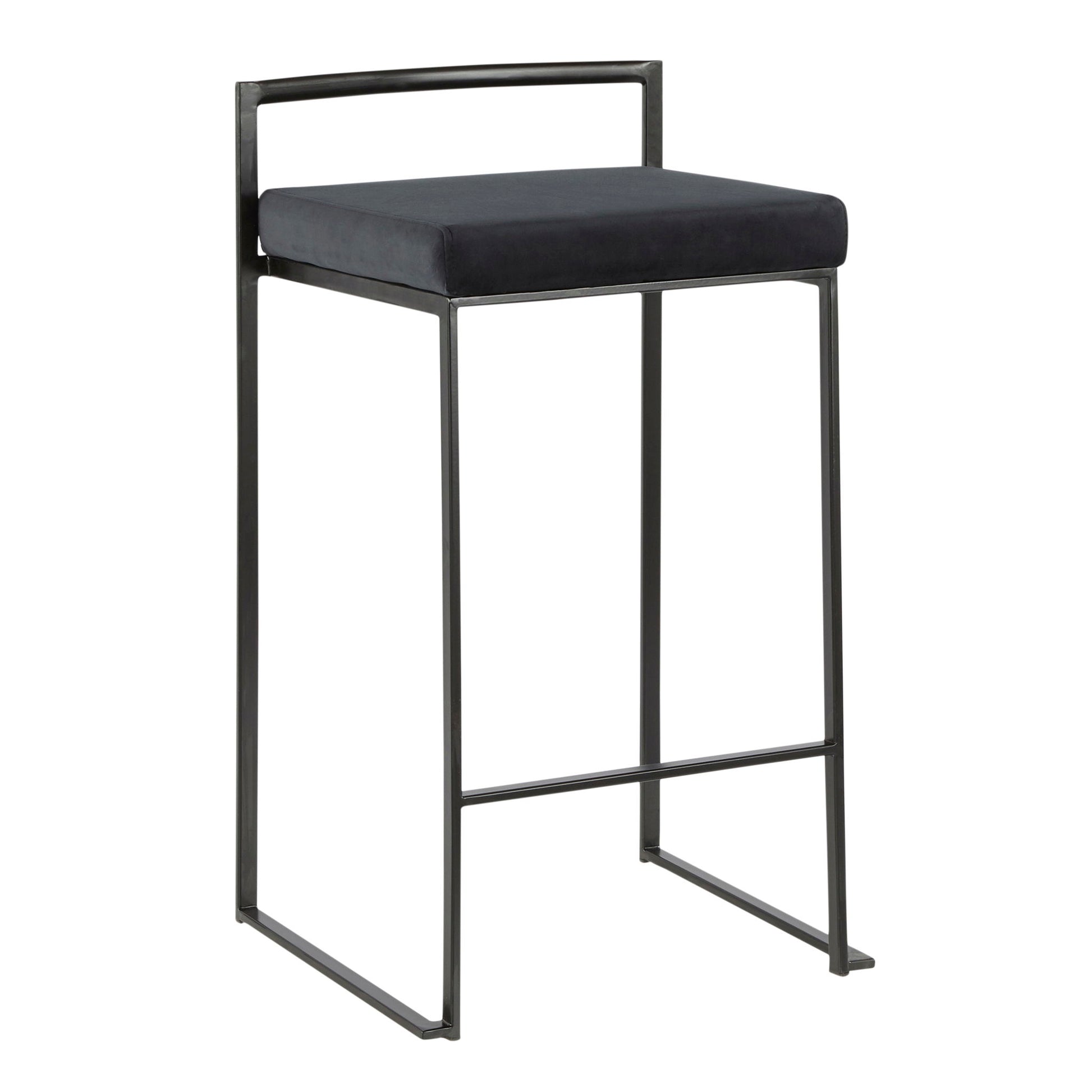 The Fuji Counter Stool features a black metal frame, footrest, and rectangular padded black seat in a contemporary, minimalist design with clean lines. Stackable for easy storage.