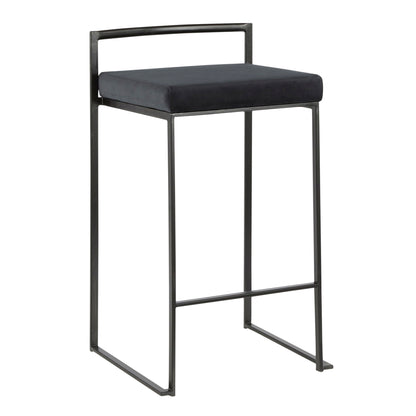 The Fuji Counter Stool features a black metal frame, footrest, and rectangular padded black seat in a contemporary, minimalist design with clean lines. Stackable for easy storage.