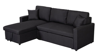 The Paisley Linen Fabric Reversible Sleeper Sectional Sofa features a black L-shaped design with two seat and three back cushions, two armrests, a left-side storage chaise, and includes two matching throw pillows.