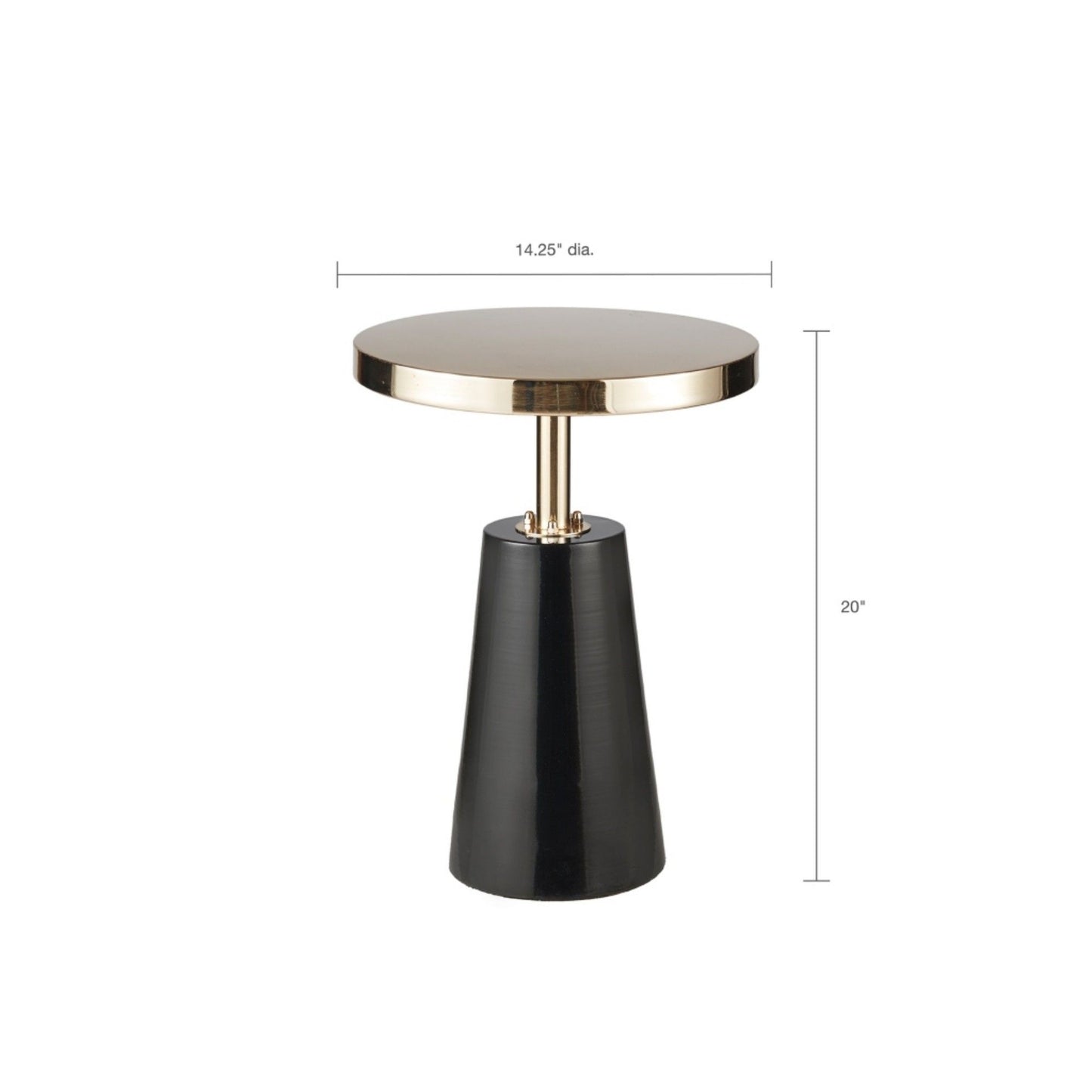 The Accent Table Elegant Design Metal Round - Black / Gold features a modern look with a 14.25" gold round top and a black cone-shaped base, standing 20" tall—perfect as a small, stylish side table for any space.